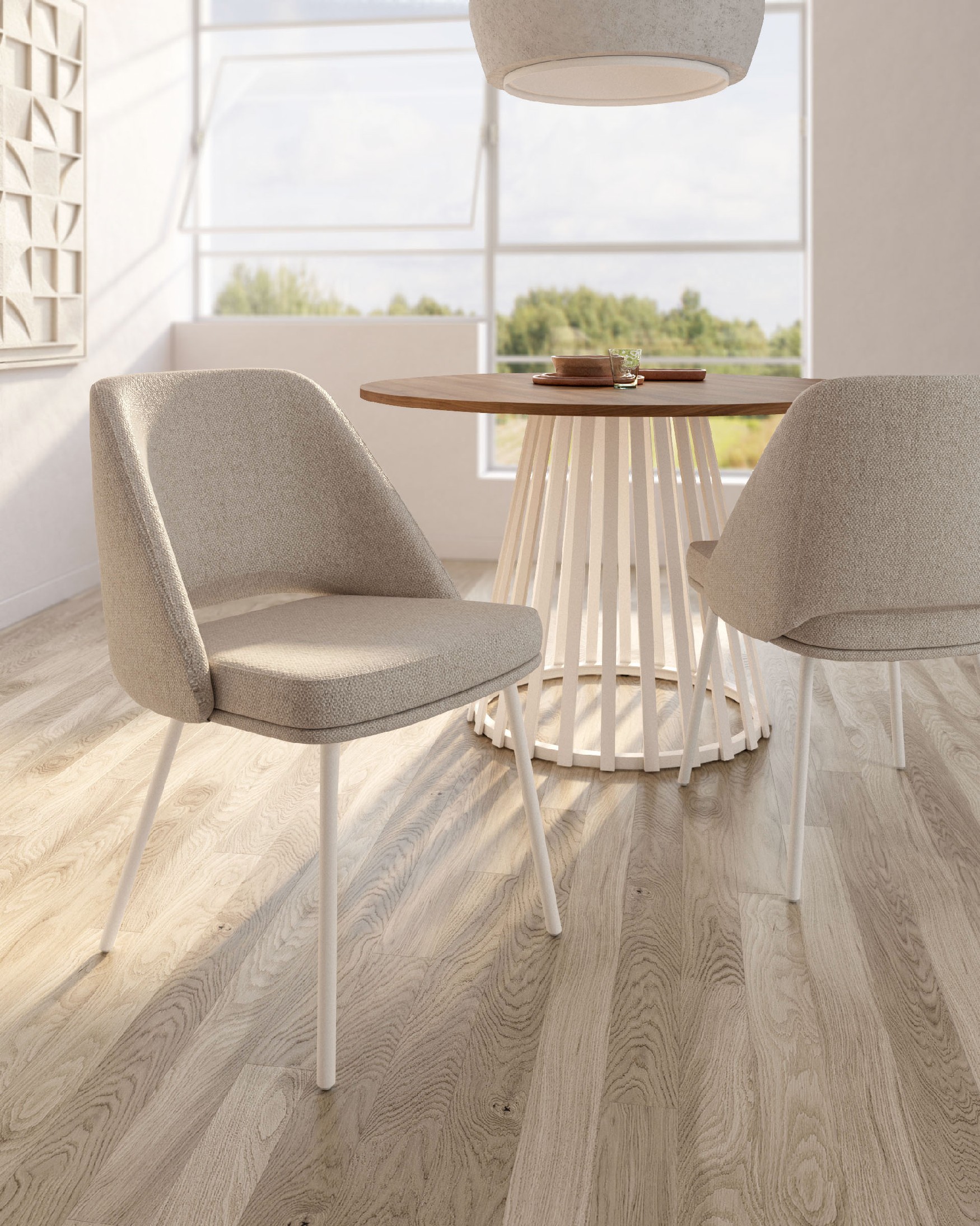Aman chair with brown upholstery and ivory metal legs