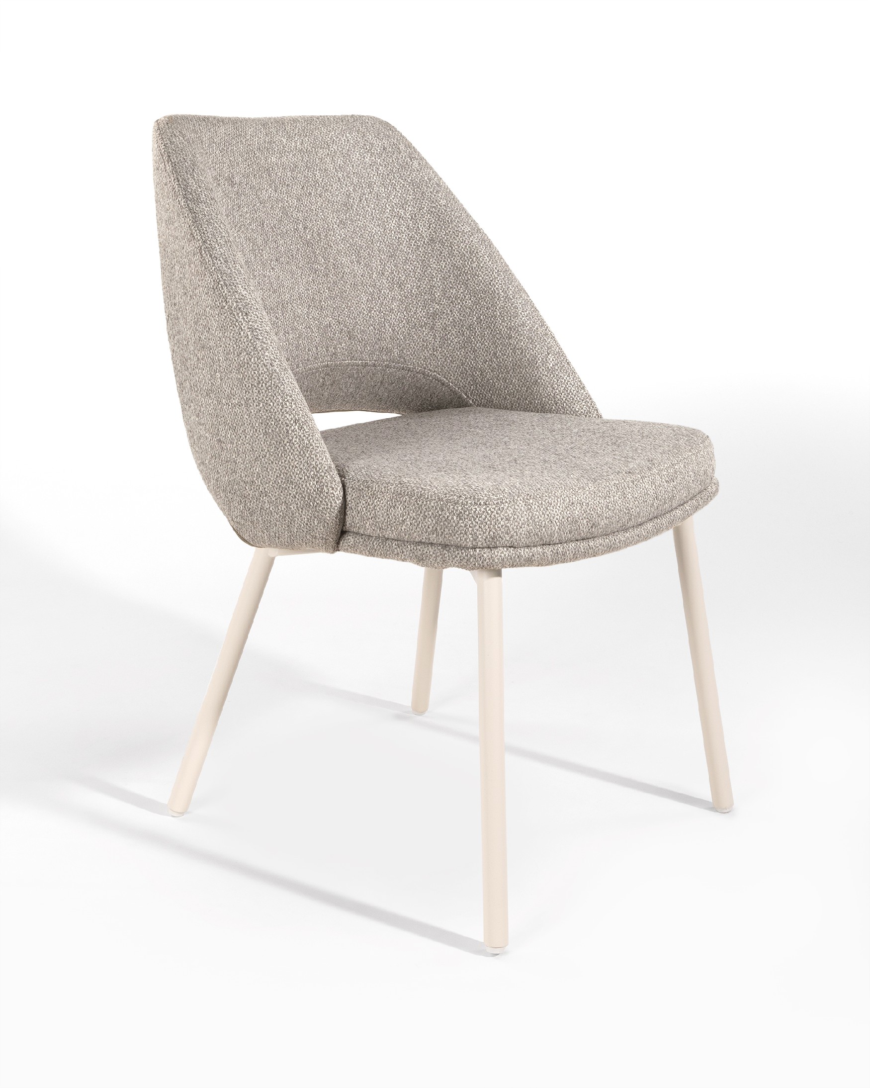 Aman chair with brown upholstery and ivory metal legs