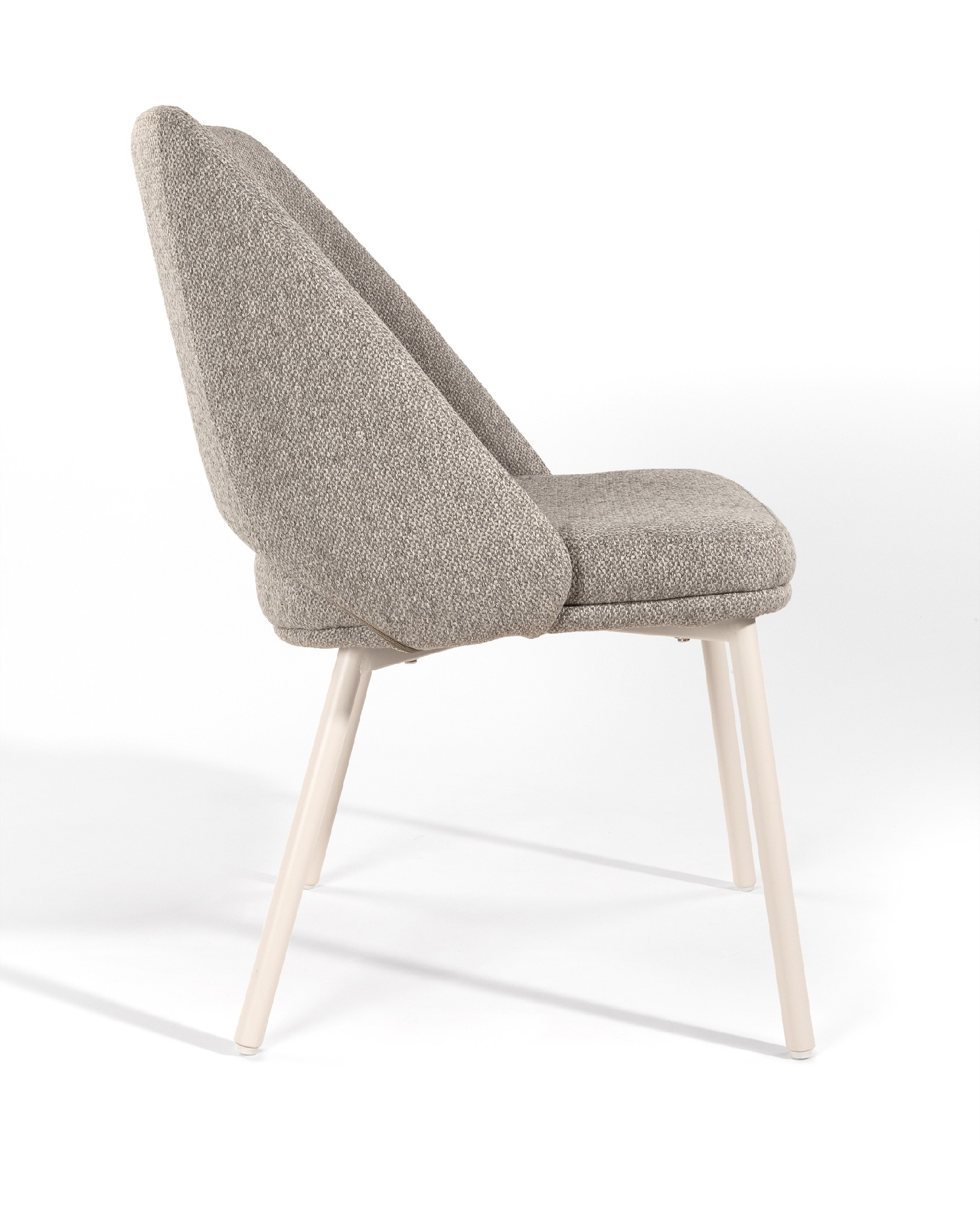 Aman chair with brown upholstery and ivory metal legs