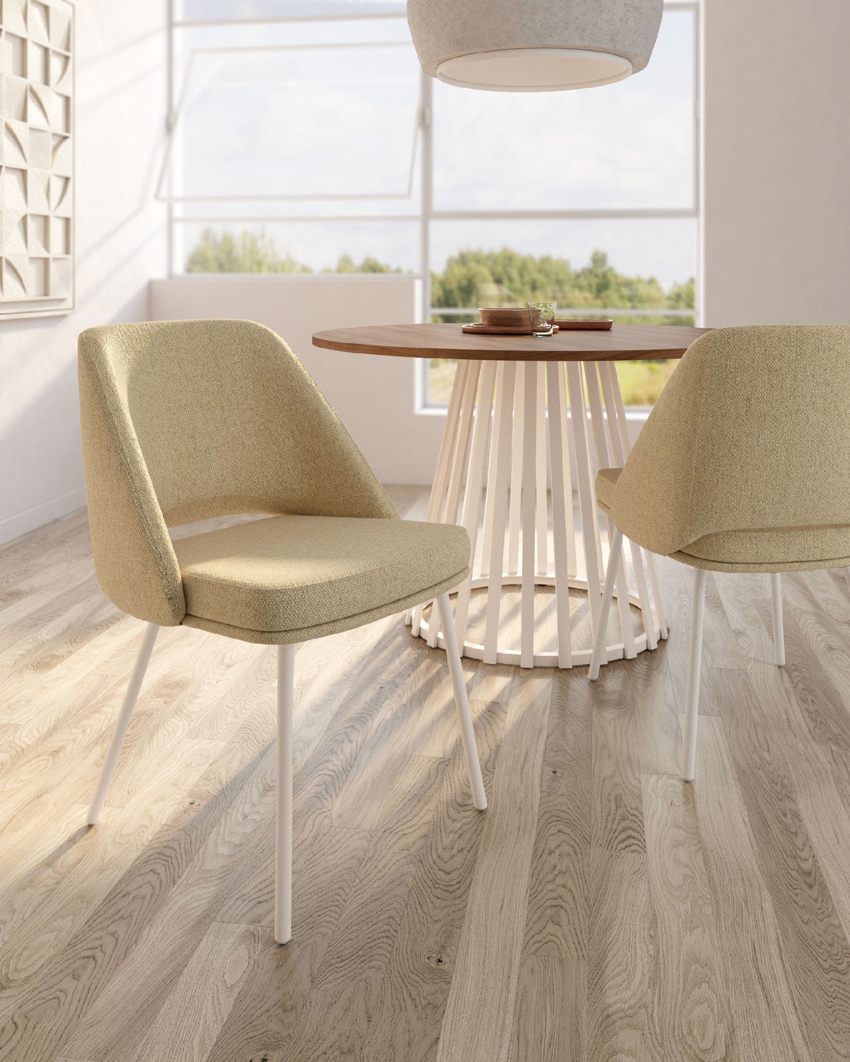 Chaise Aman avec un revêtement moutarde et des pieds métalliques ivoire