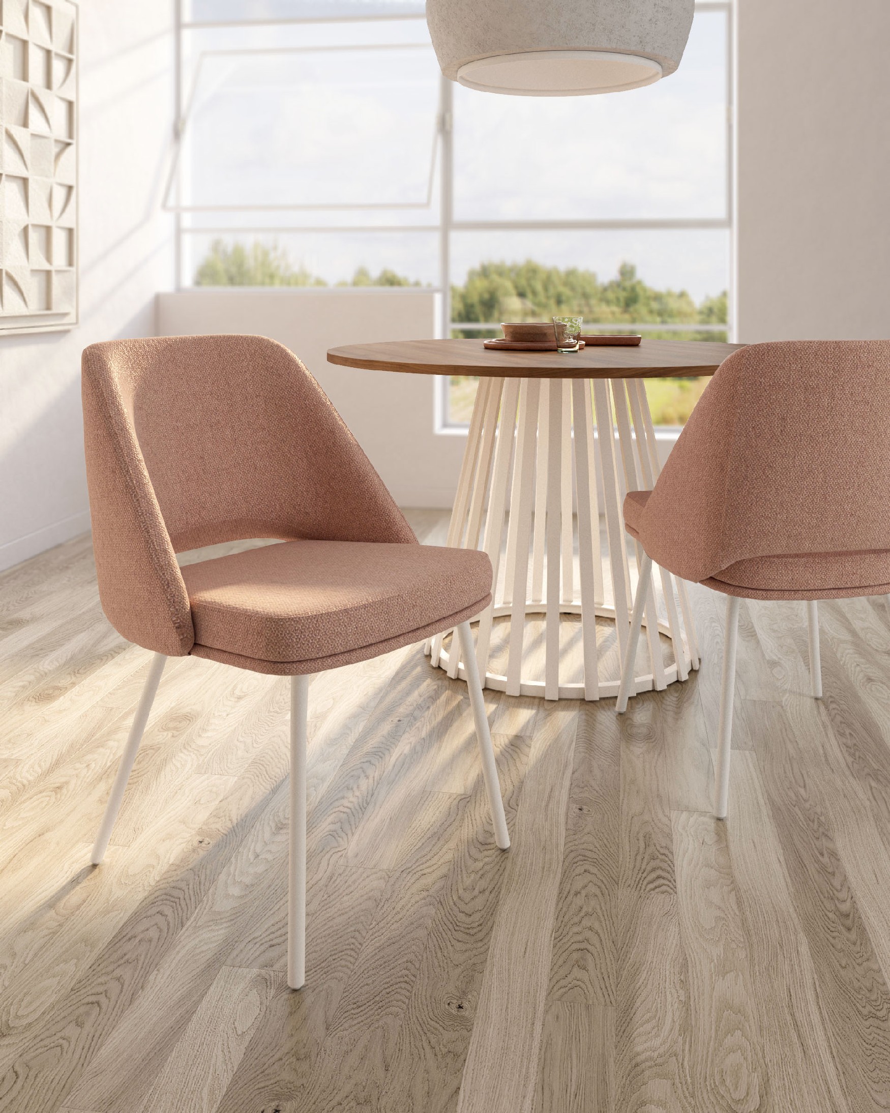 Aman chair with salmon upholstery and ivory metal legs