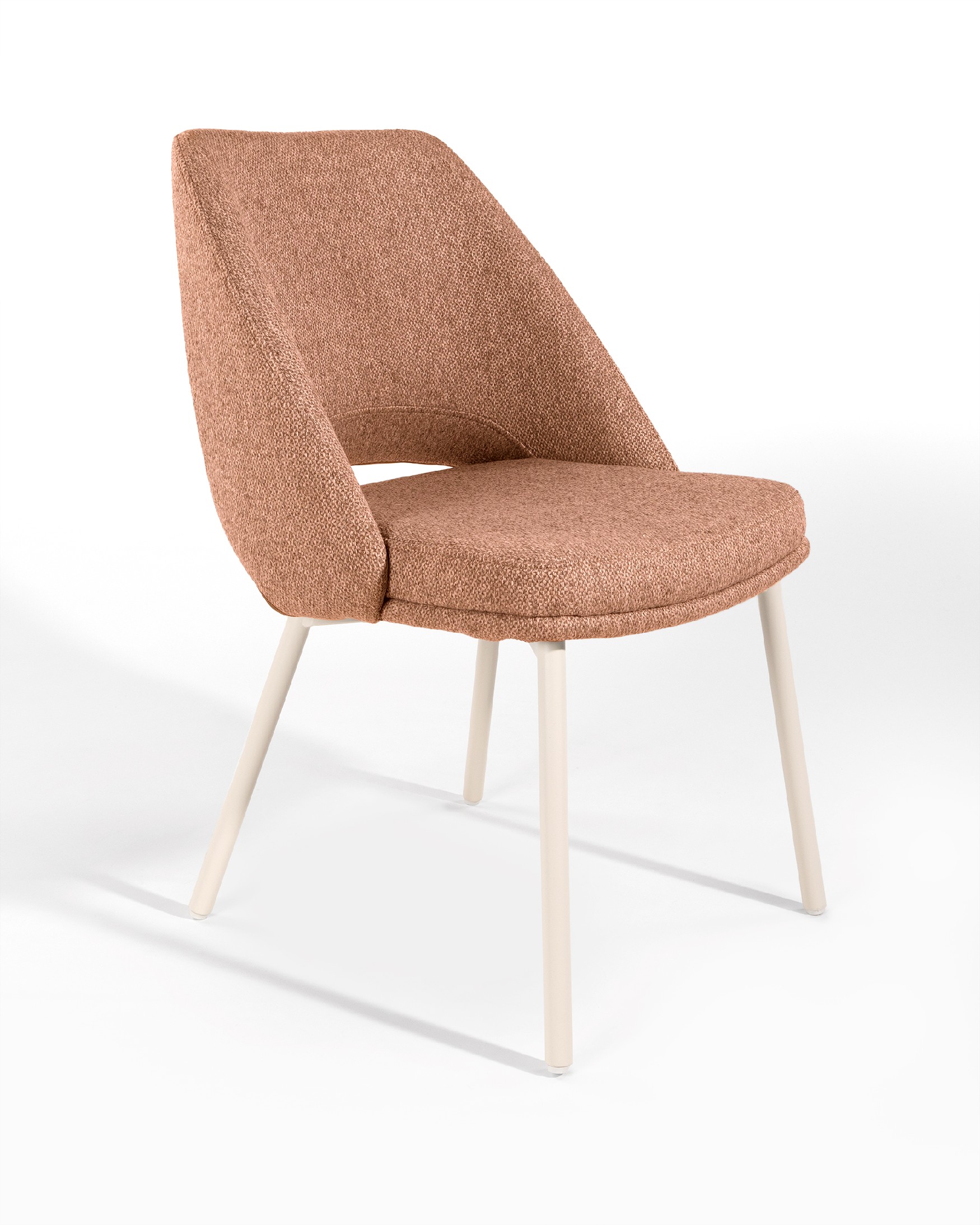 Aman chair with salmon upholstery and ivory metal legs