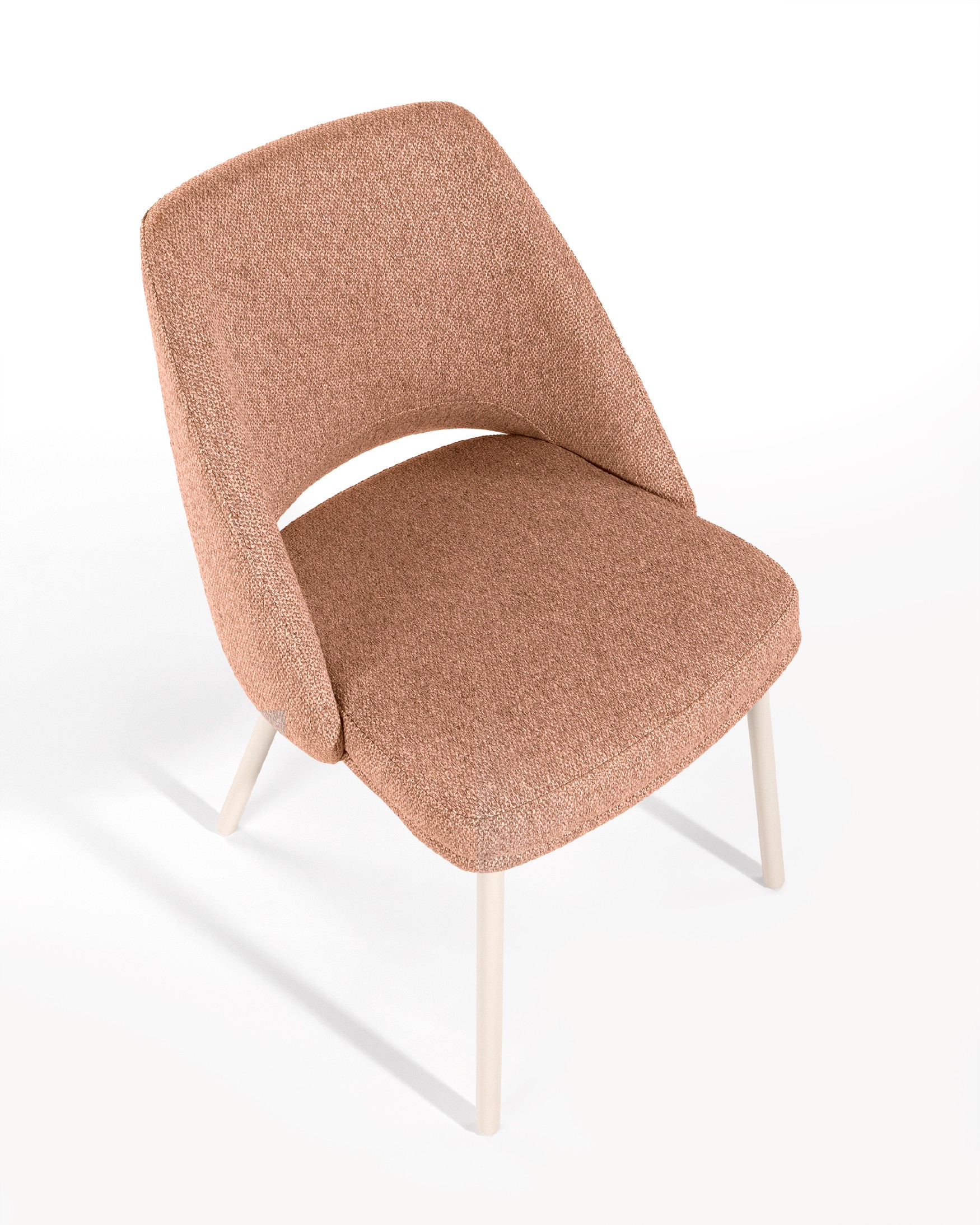 Aman chair with salmon upholstery and ivory metal legs