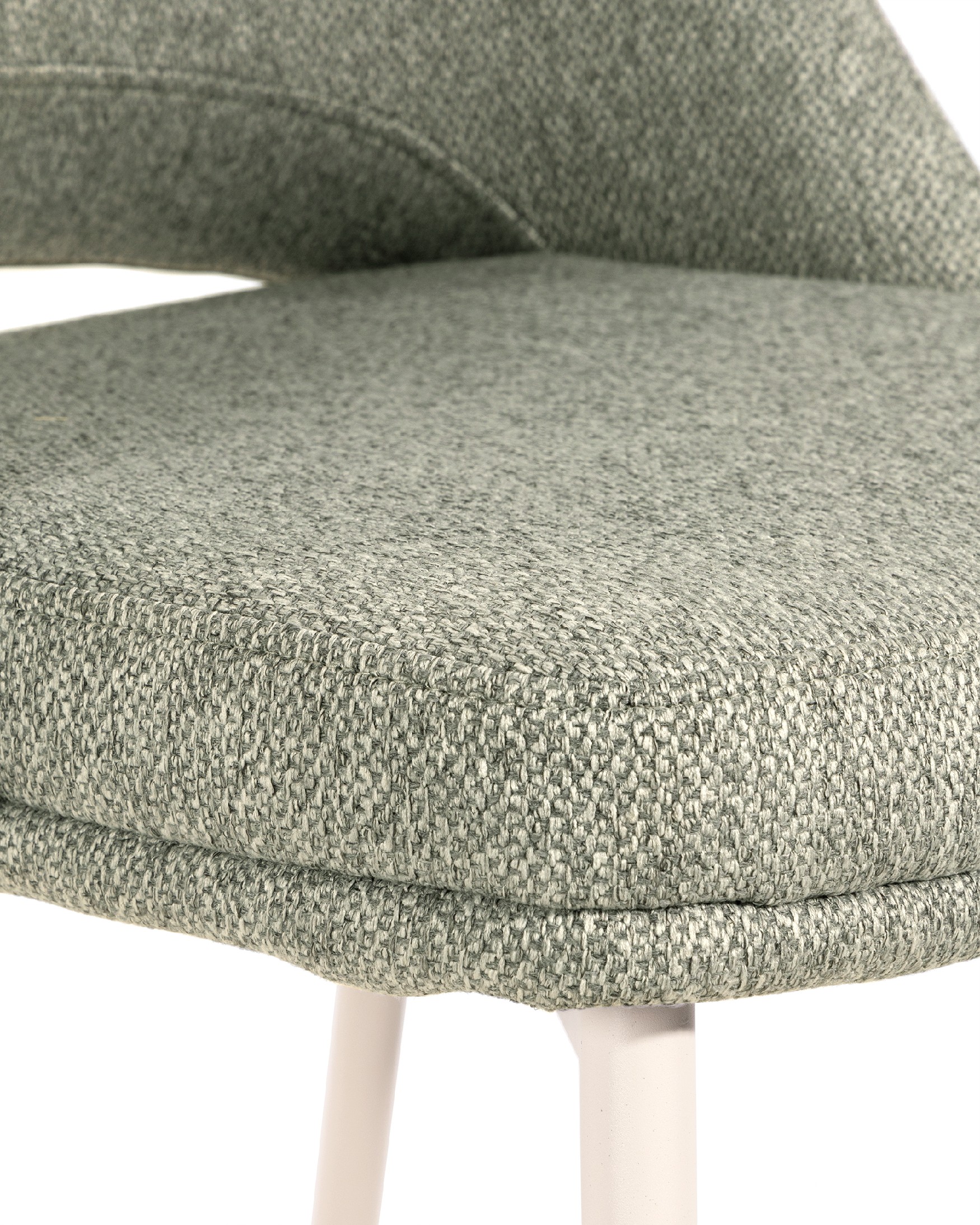 Aman chair with green upholstery and ivory metal legs