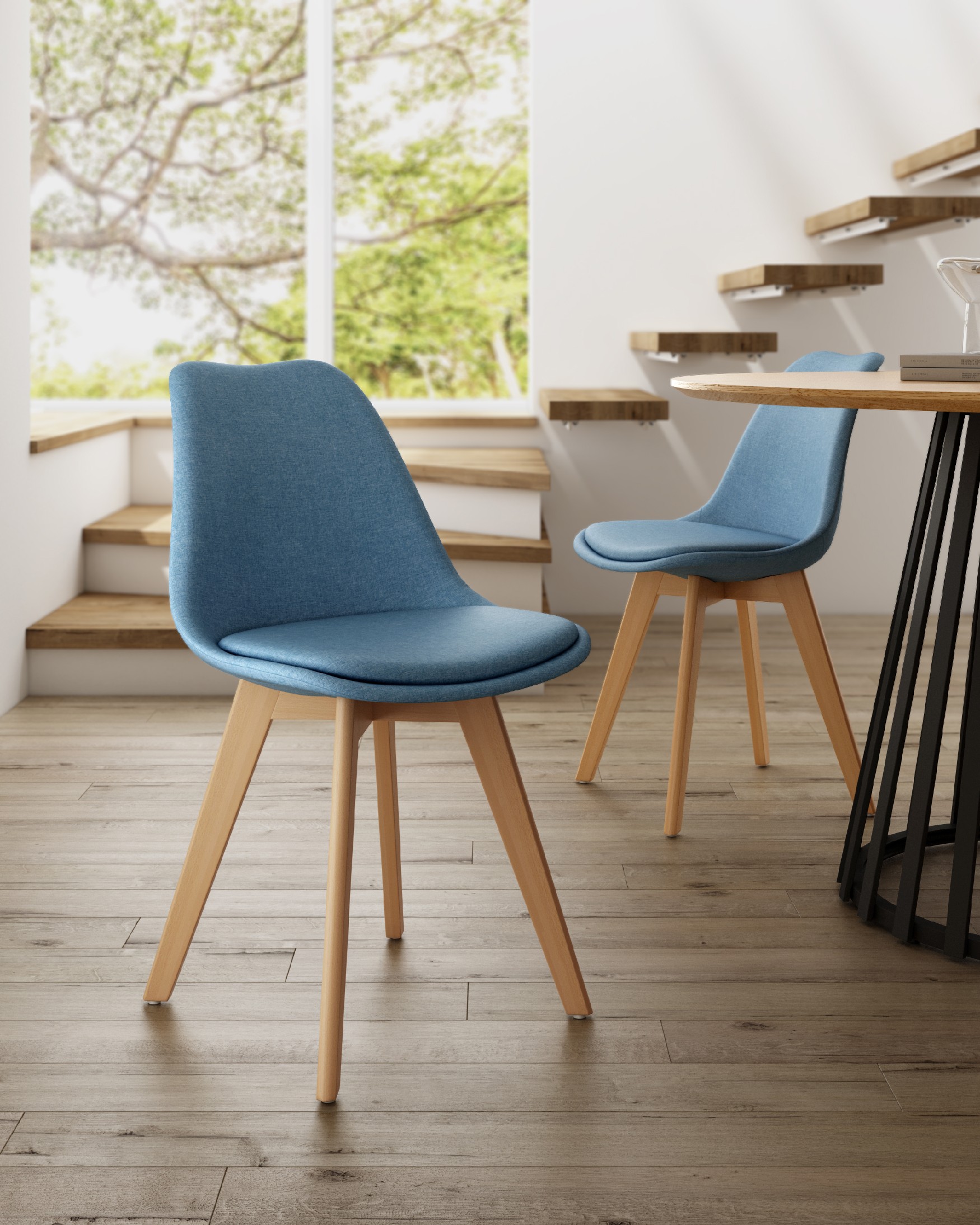Amsterdam chair with blue upholstery and wooden legs
