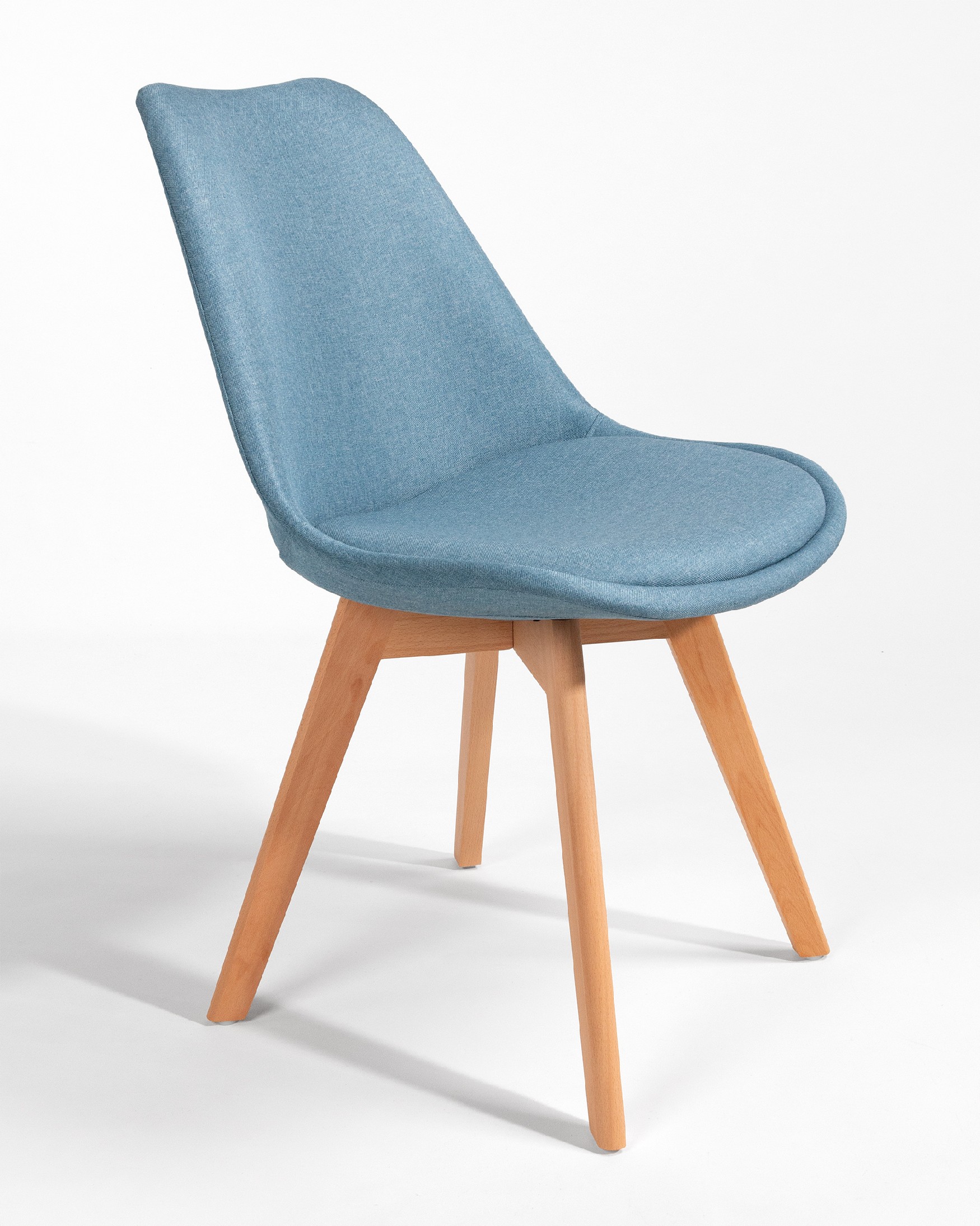 Amsterdam chair with blue upholstery and wooden legs