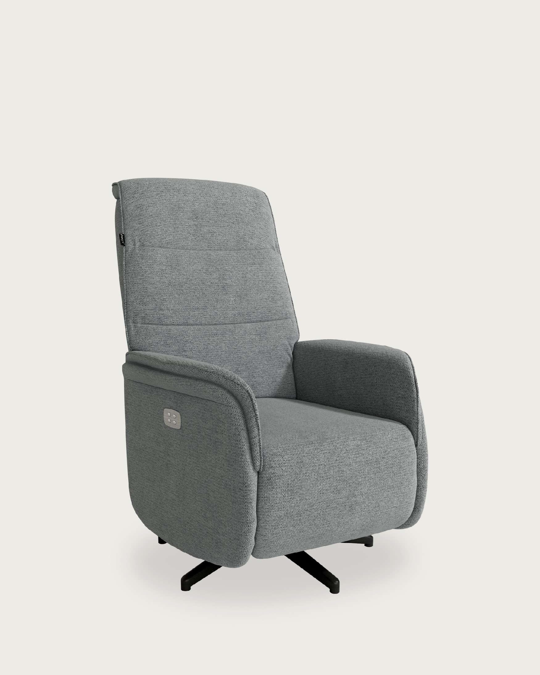 Anais electric swivel recliner with gray upholstery and black metal leg