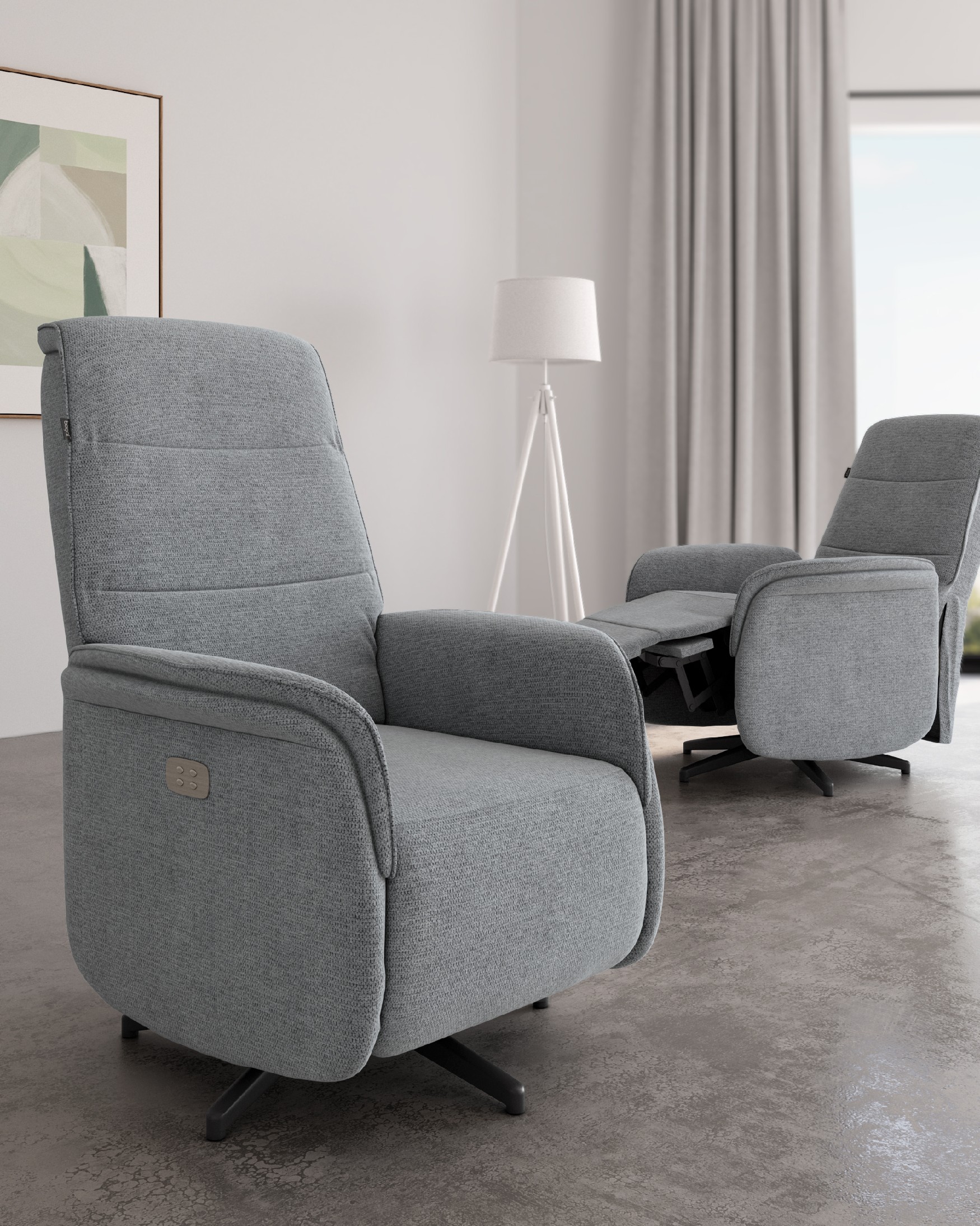 Anais electric swivel recliner with gray upholstery and black metal leg