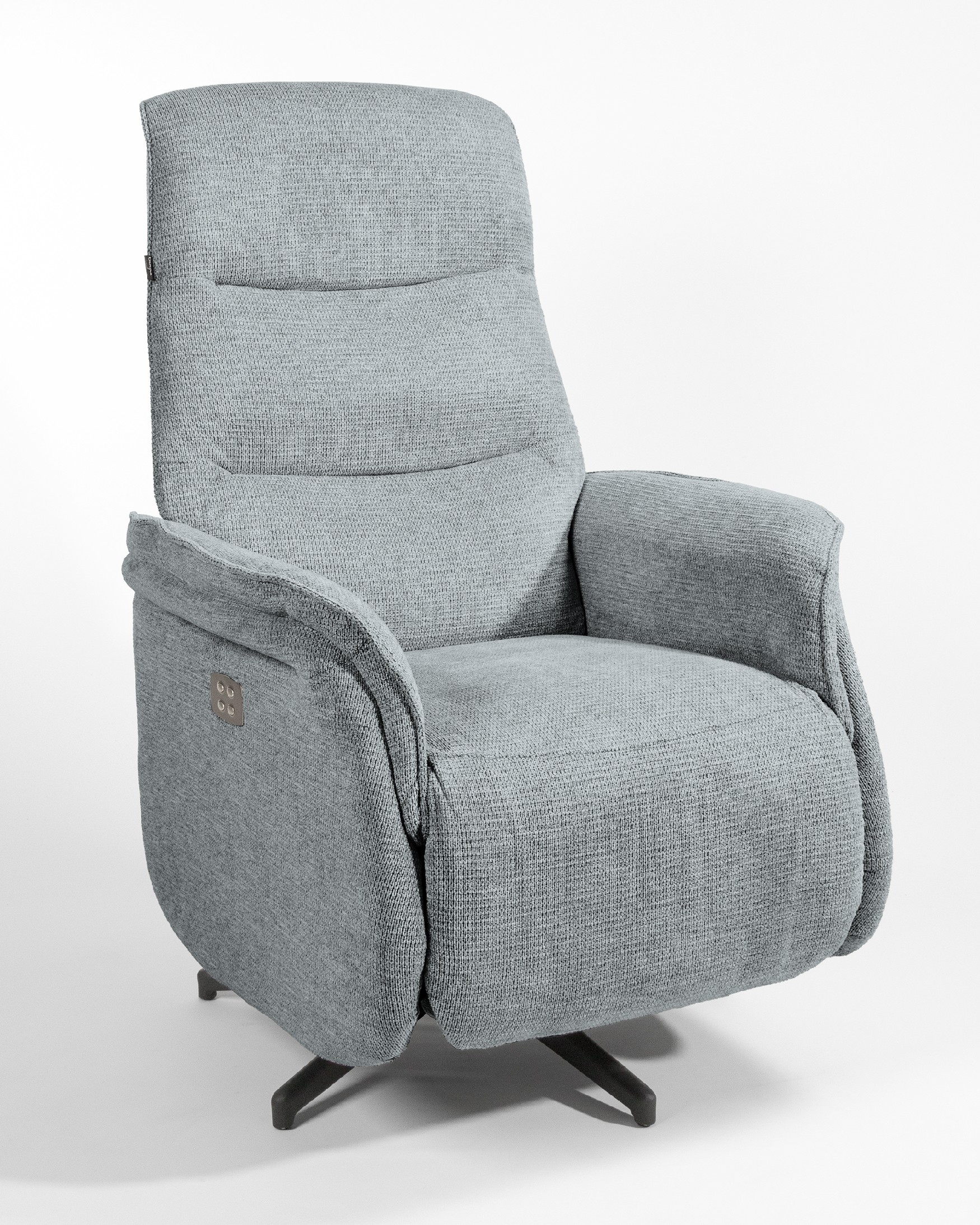 Anais electric swivel recliner with gray upholstery and black metal leg