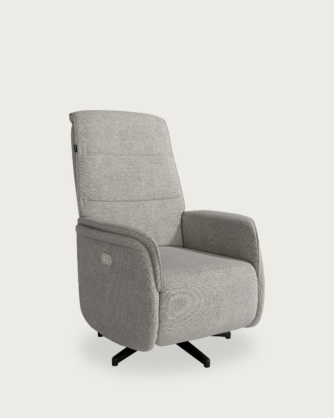 Anais electric reclining swivel armchair with pearl upholstery and black metal legs