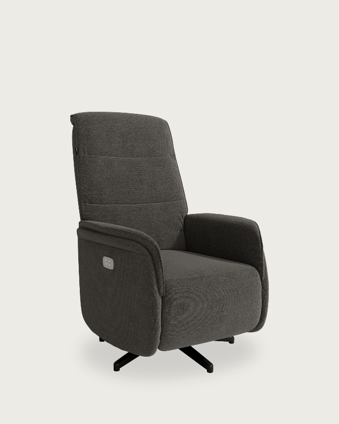 Anais electric swivel relaxation armchair with slate upholstery and black metal leg