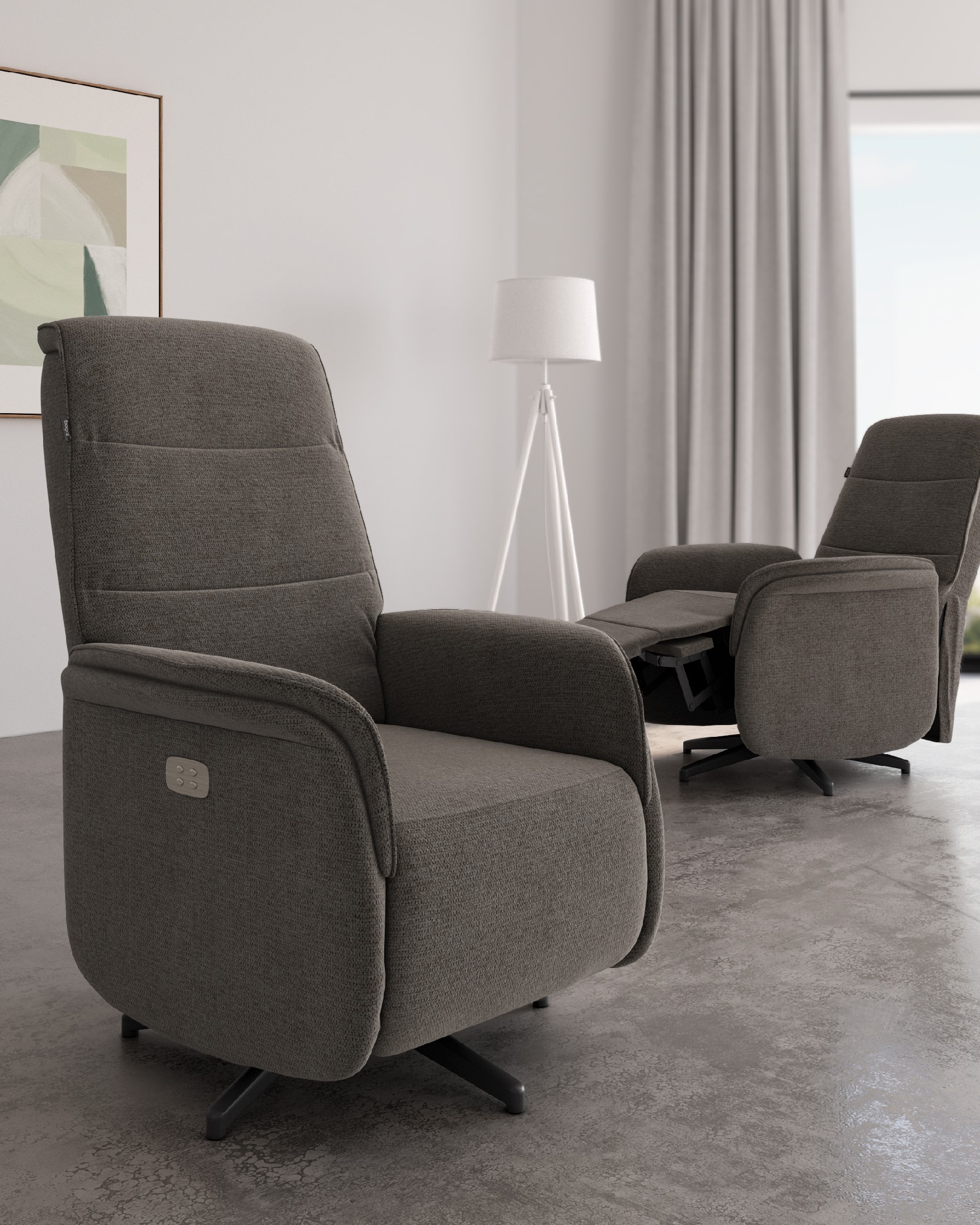 Fauteuil relax électrique pivotant Anais avec revêtement ardoise et pied en métal noir