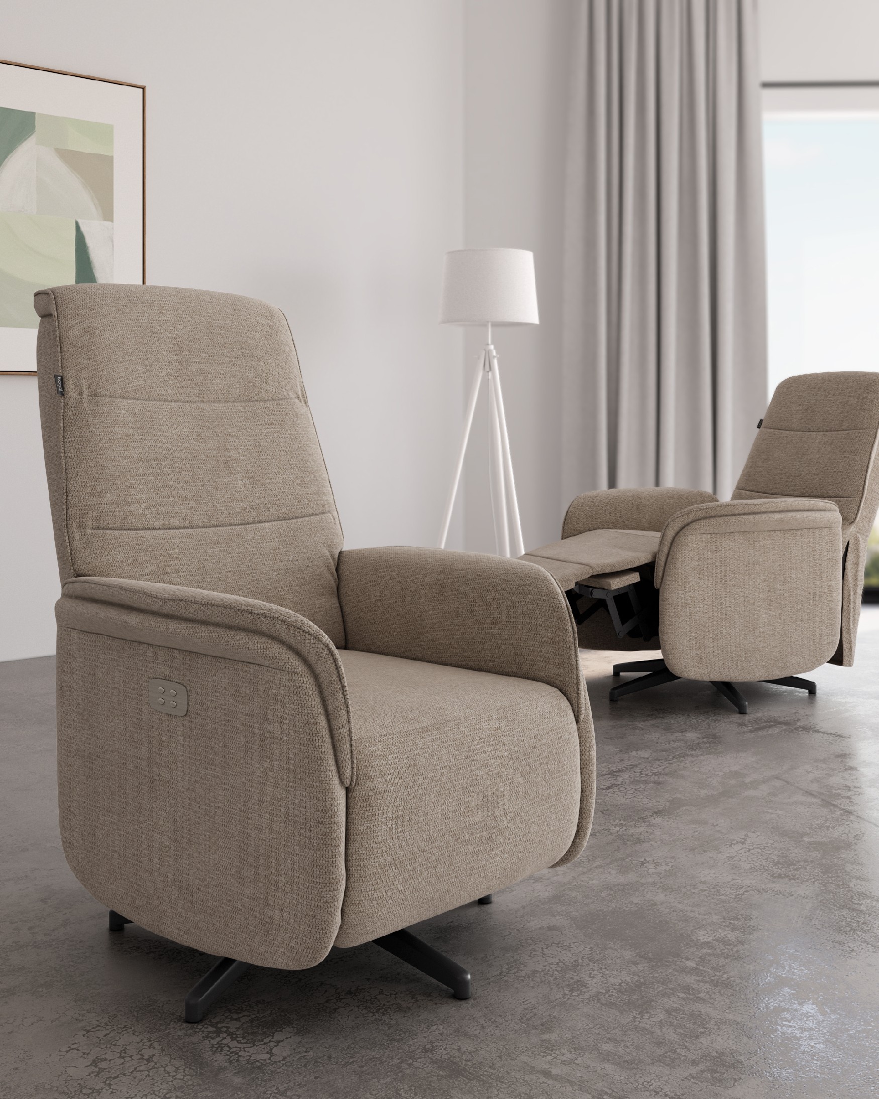 Anais electric swivel recliner chair with earth upholstery and black metal leg