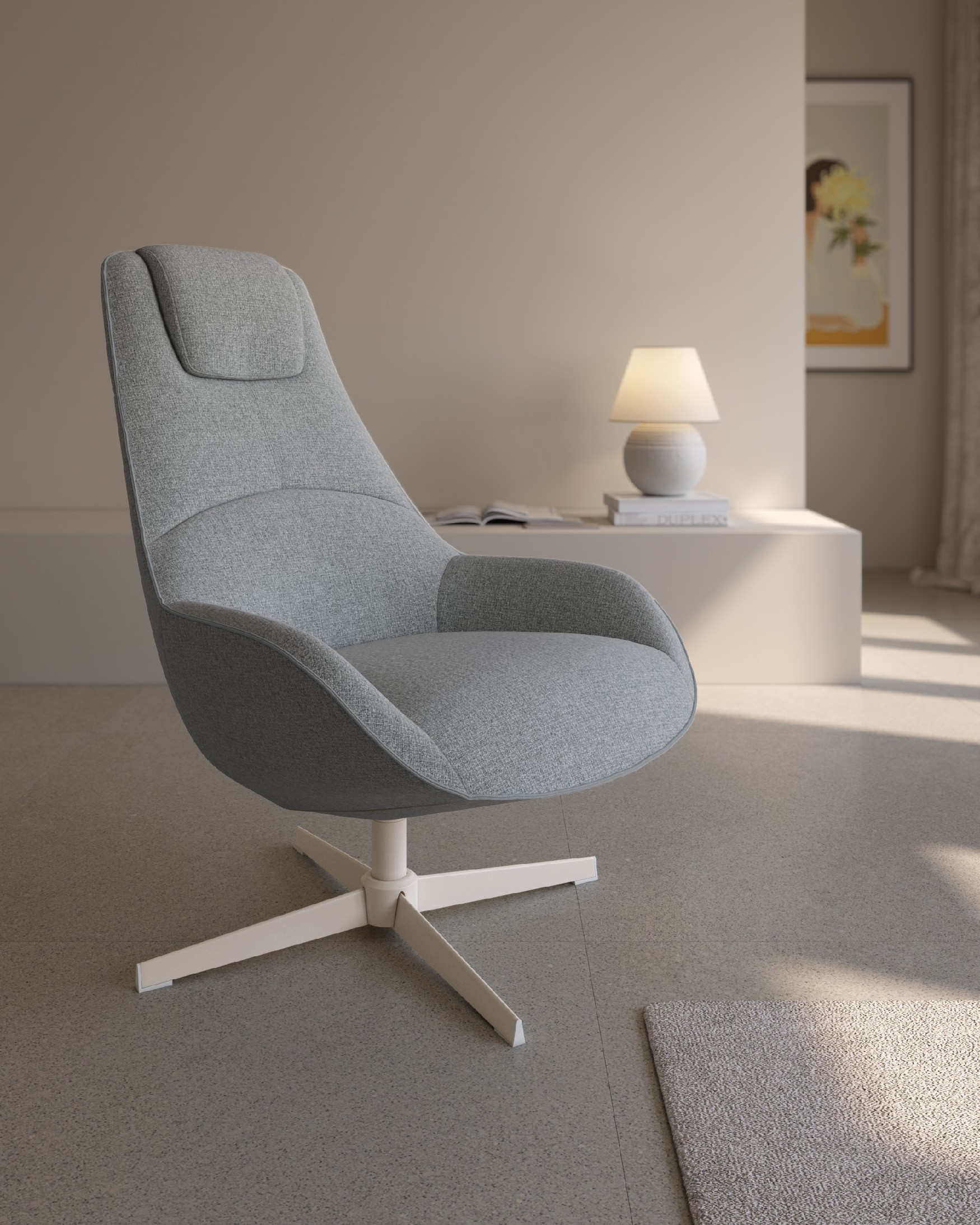 Areca armchair with gray upholstery and ivory metal leg, 360° swivel