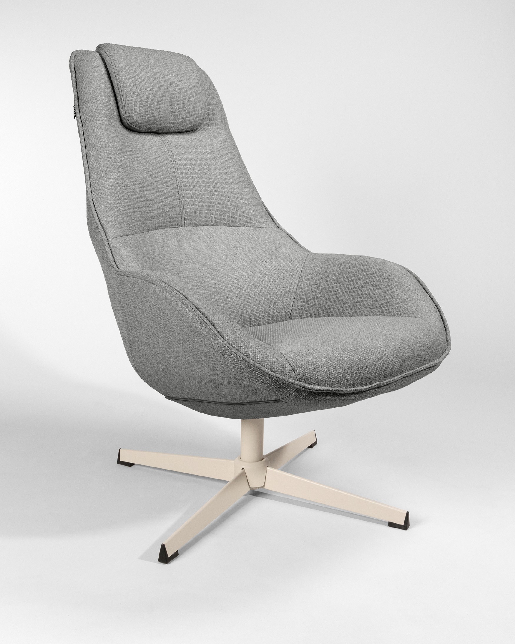 Areca armchair with gray upholstery and ivory metal leg, 360° swivel