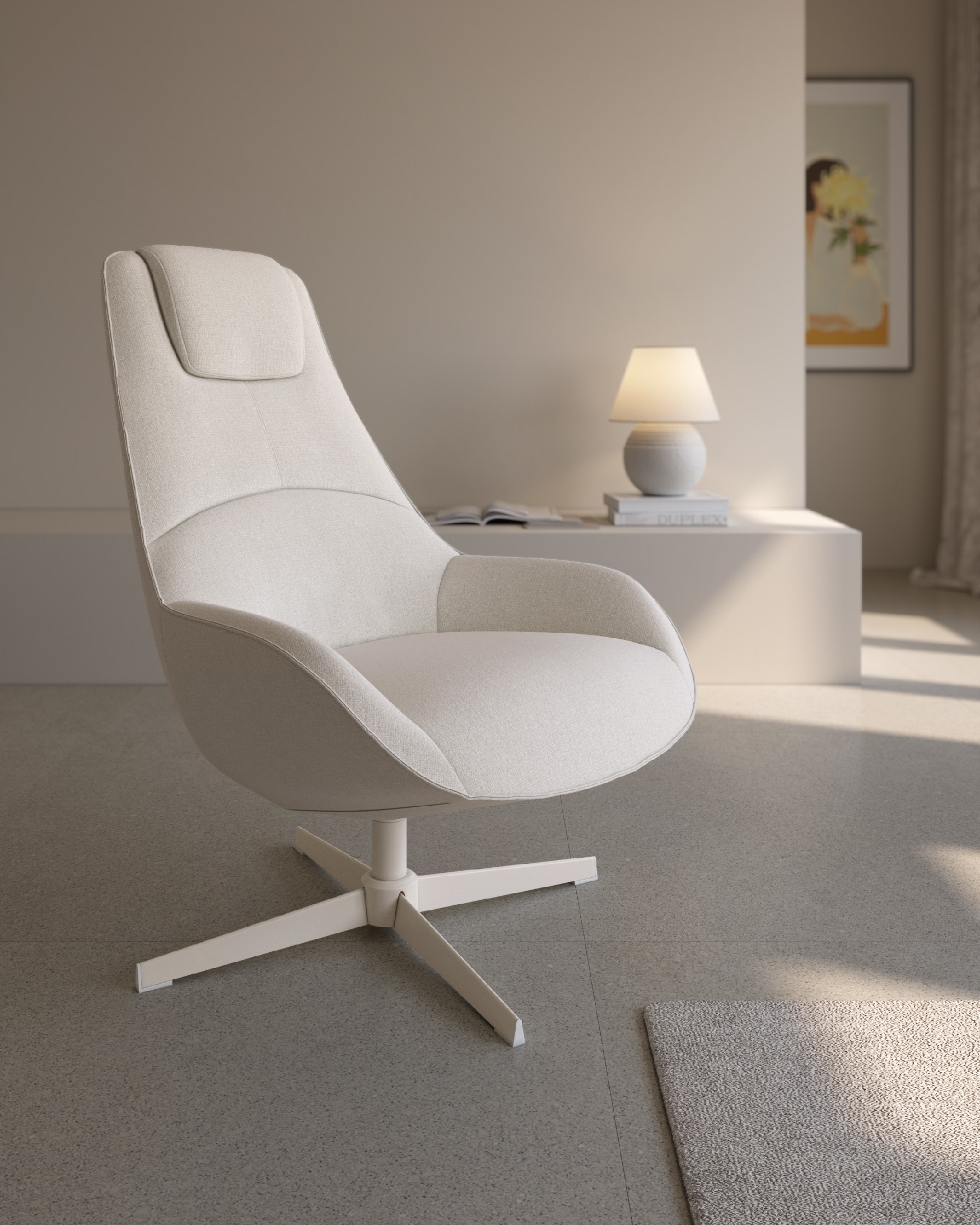 Areca armchair with pearl upholstery and ivory metal base, 360° swivel
