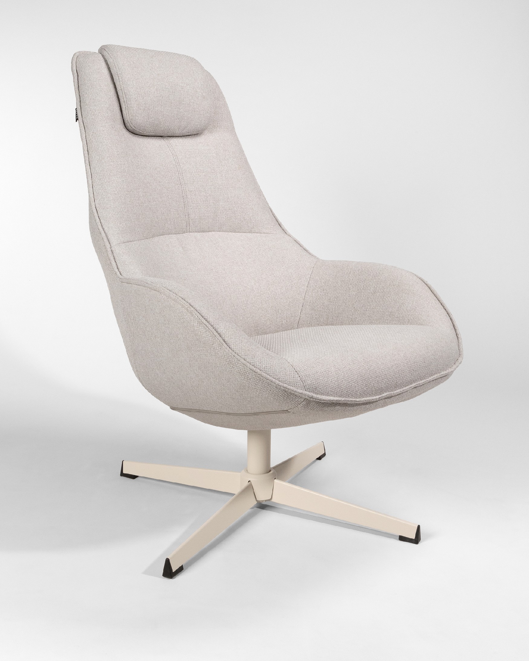 Areca armchair with pearl upholstery and ivory metal base, 360° swivel