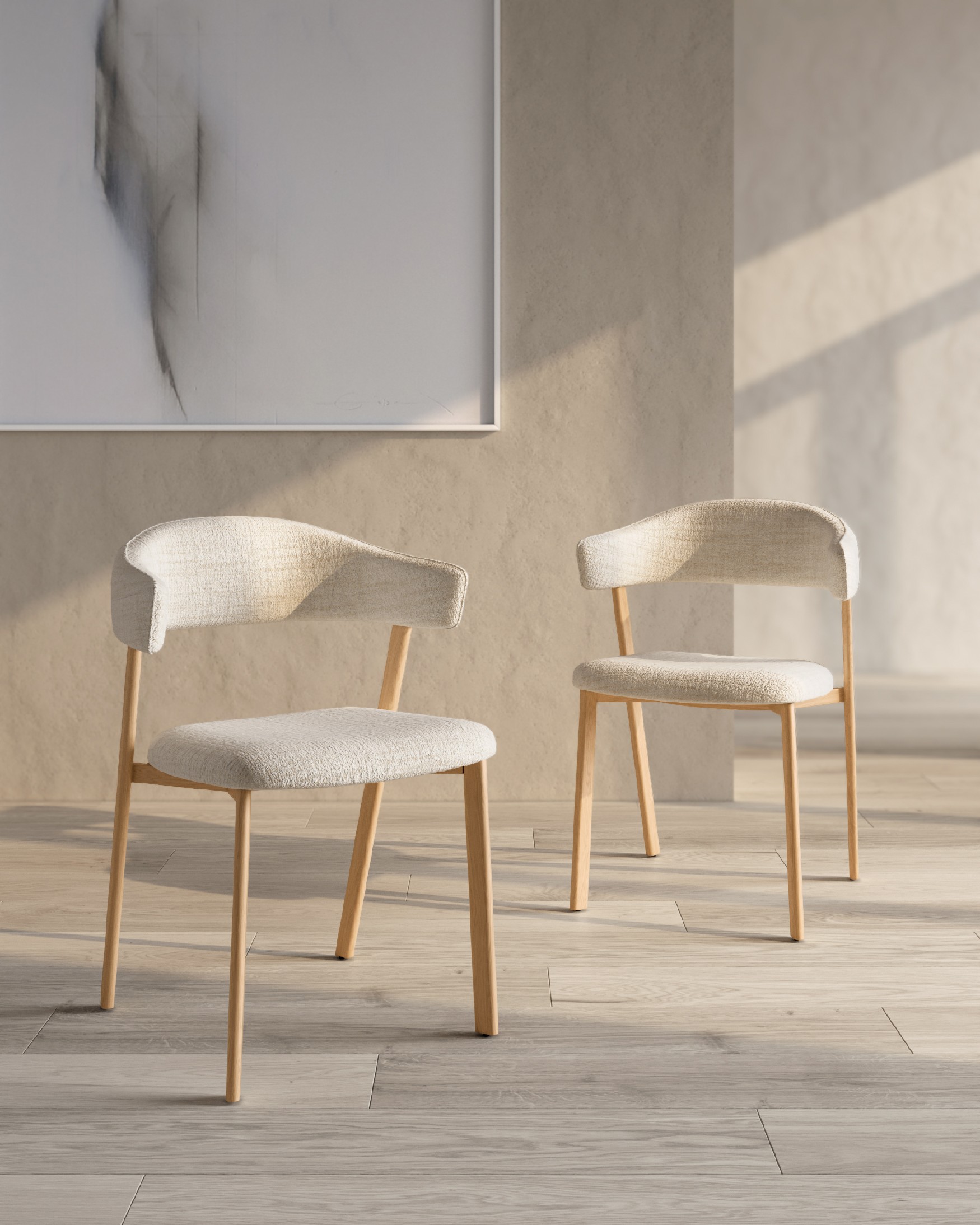Arica chair with ivory upholstery and metal structure with wood finish