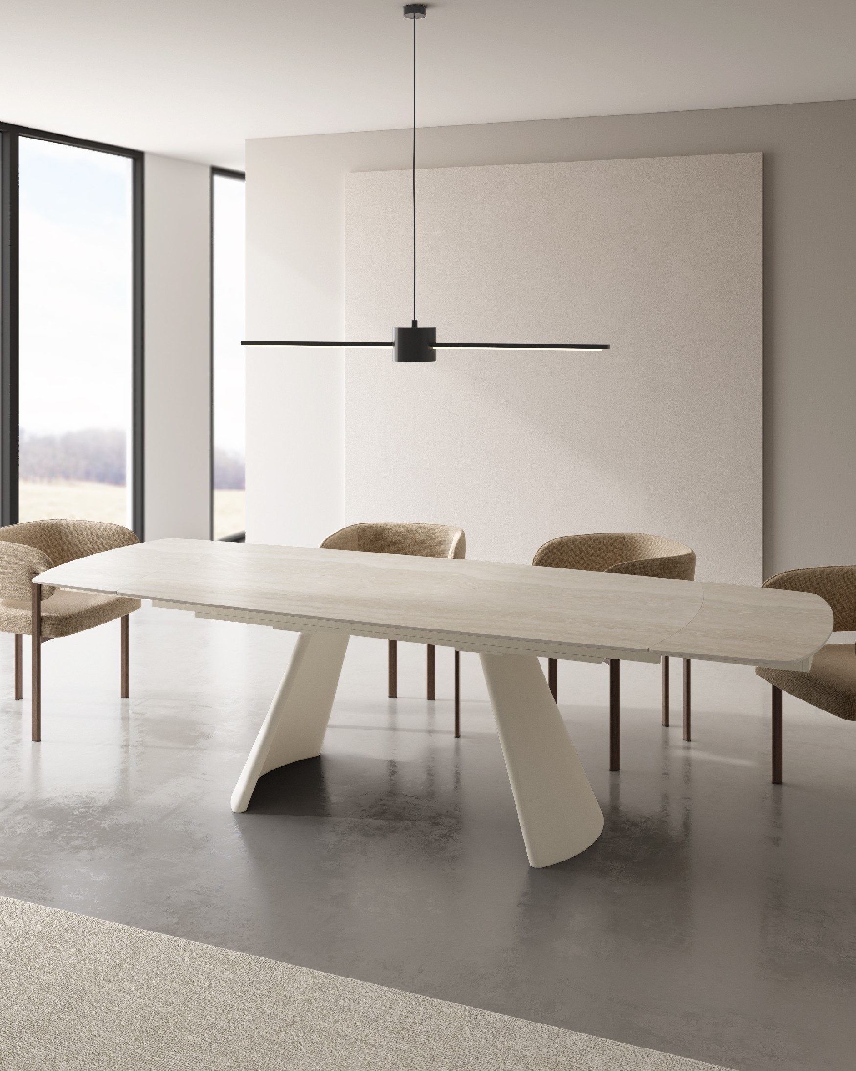 Table Arno ovale extensible avec finition en porcelaine travertin et structure métallique ivoire 200/240/280 x 100 cm