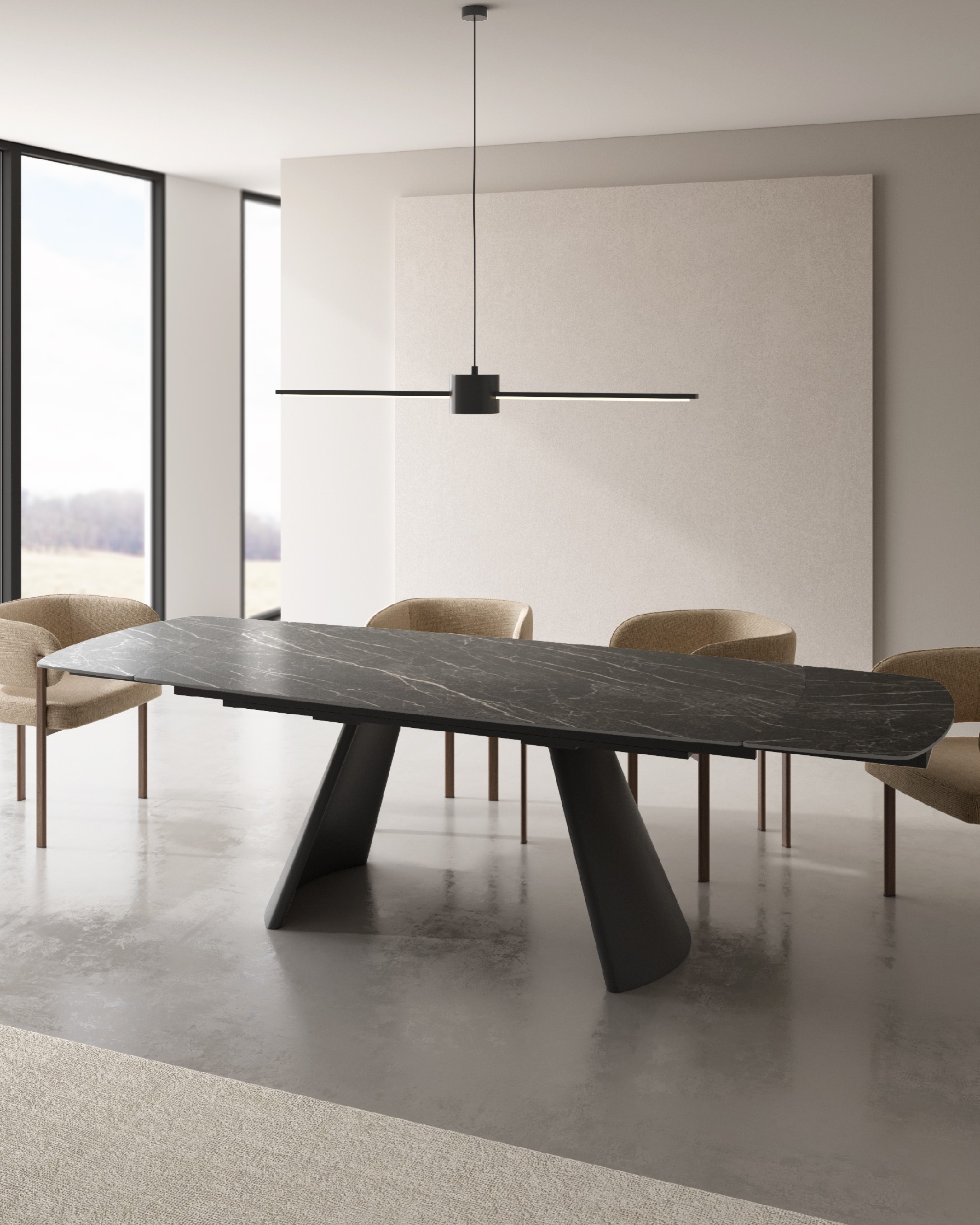 Table Arno ovale extensible avec finition en porcelaine laurent noir et structure métallique noire 200/240/280 x 100 cm