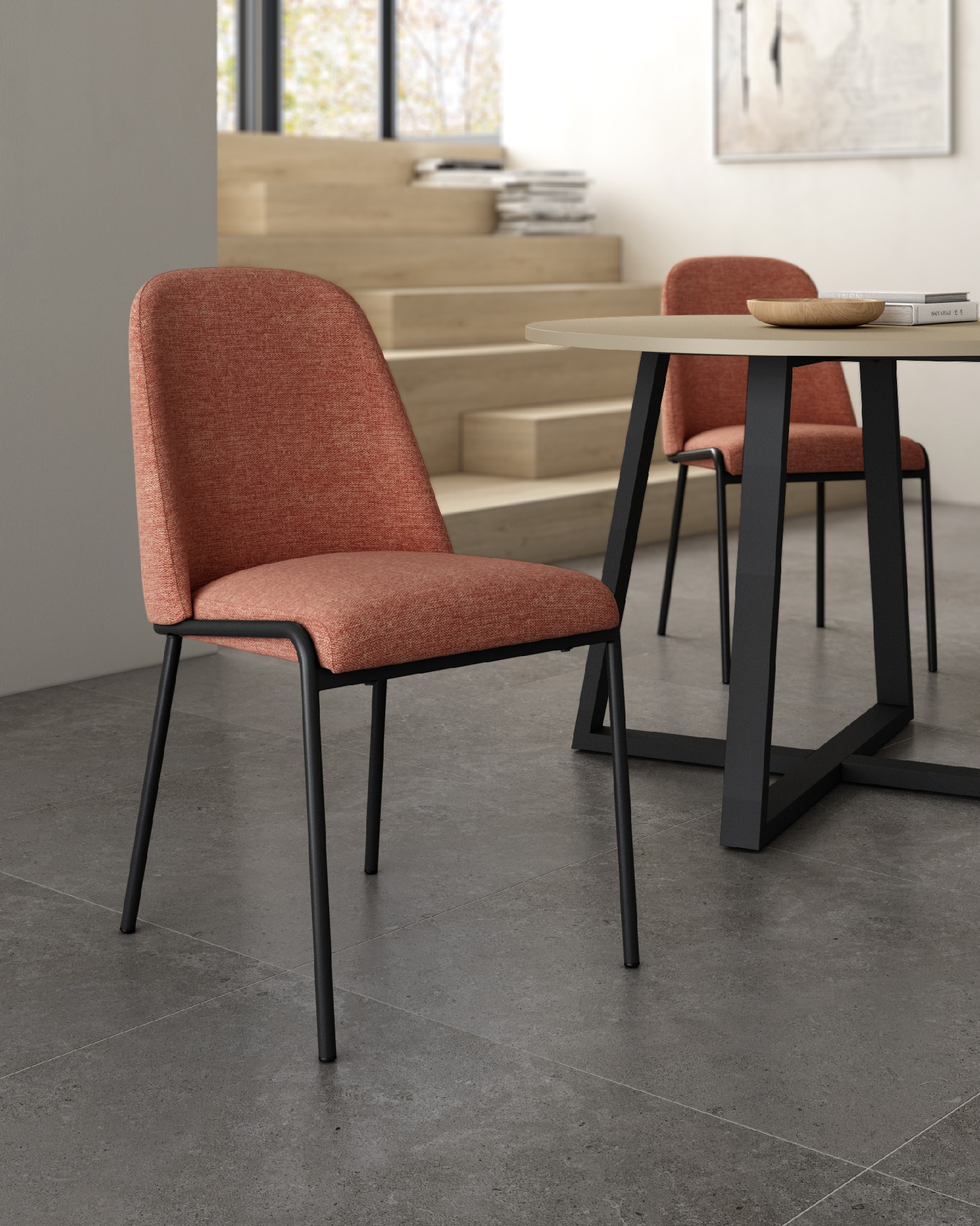 Atlanta chair with salmon upholstery and black metal legs