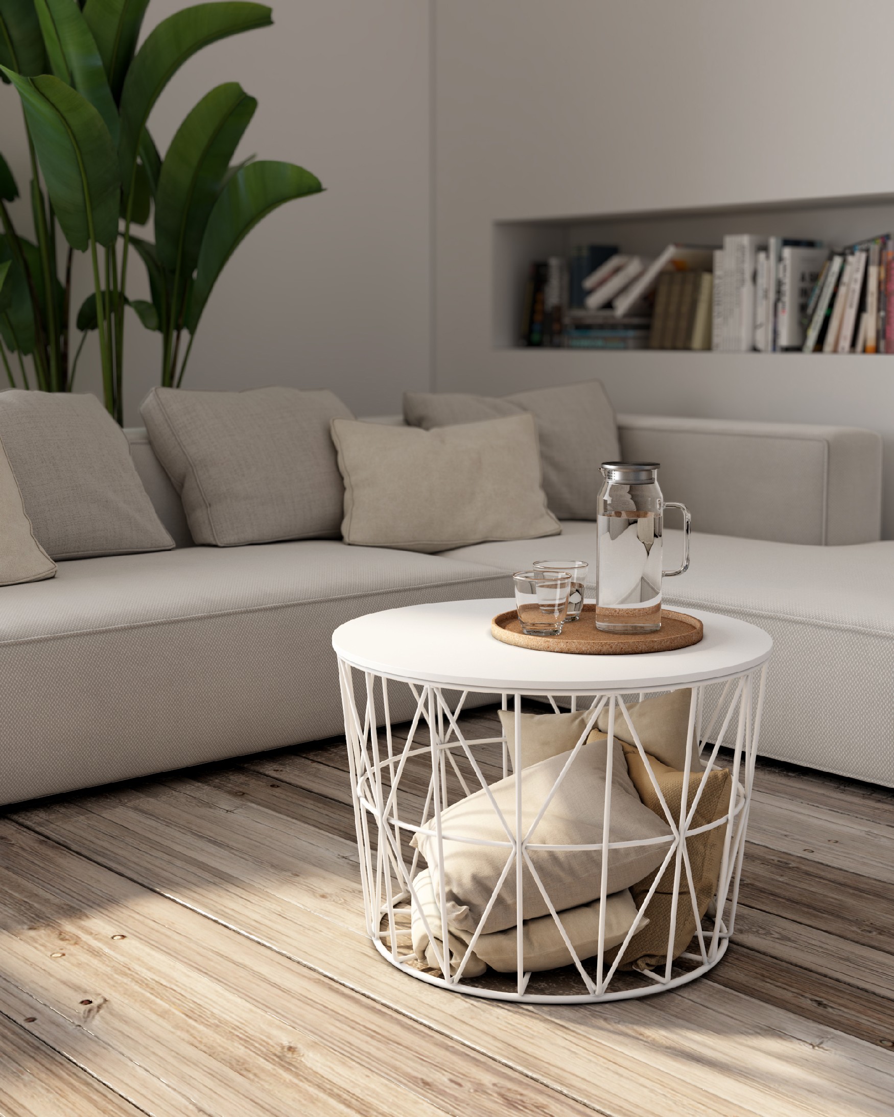 Atlántico side table with white wood top and white metal structure Ø 60 cm