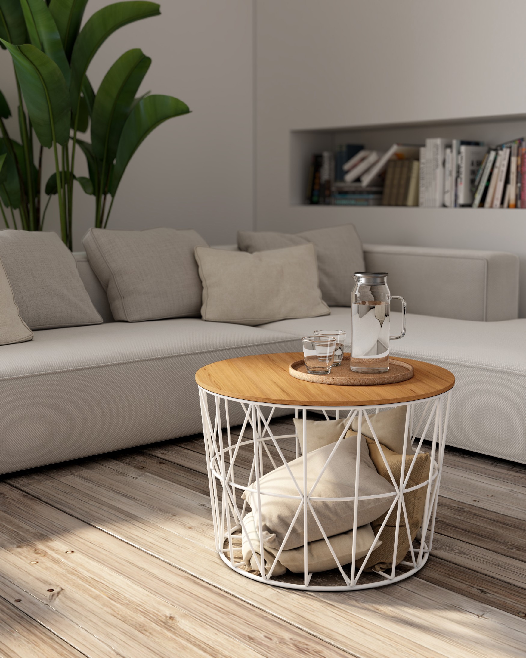 Atlantic side table with natural oak top and white metal structure Ø 60 cm