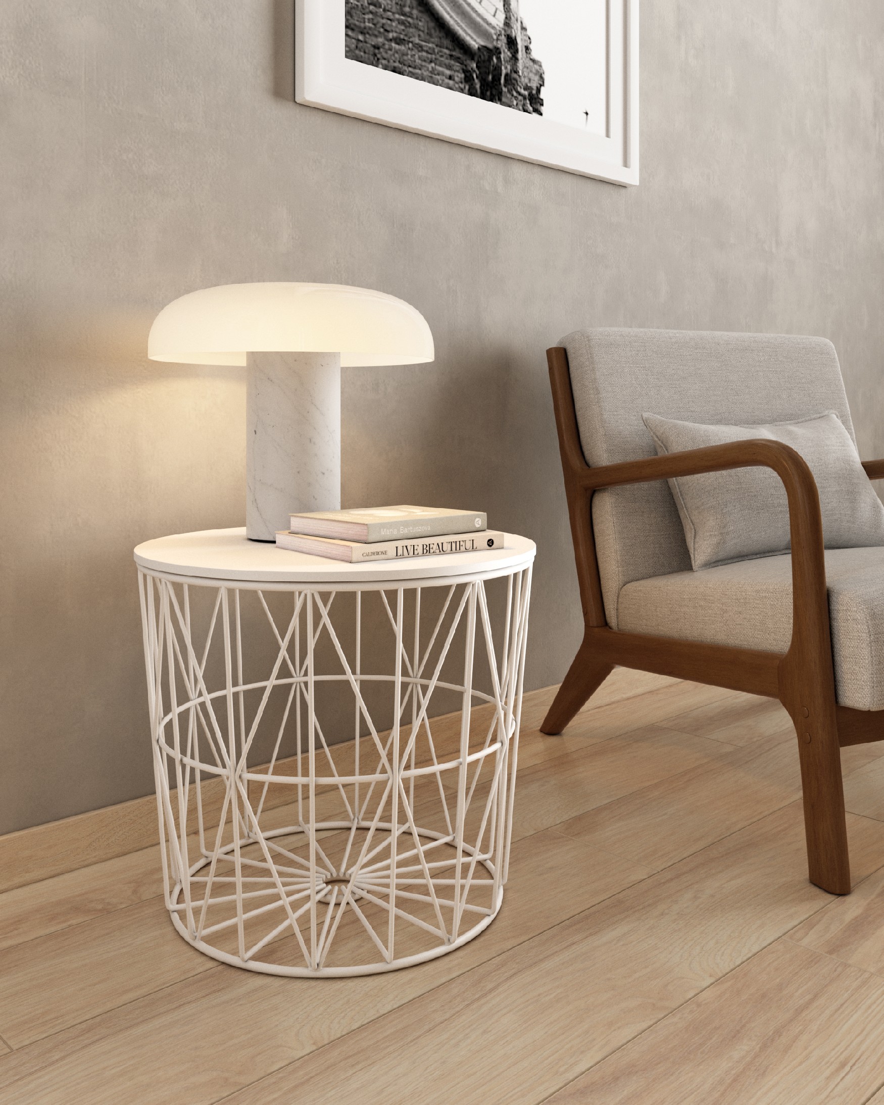 Atlantic side table with white wooden top and white metal frame Ø 48 cm