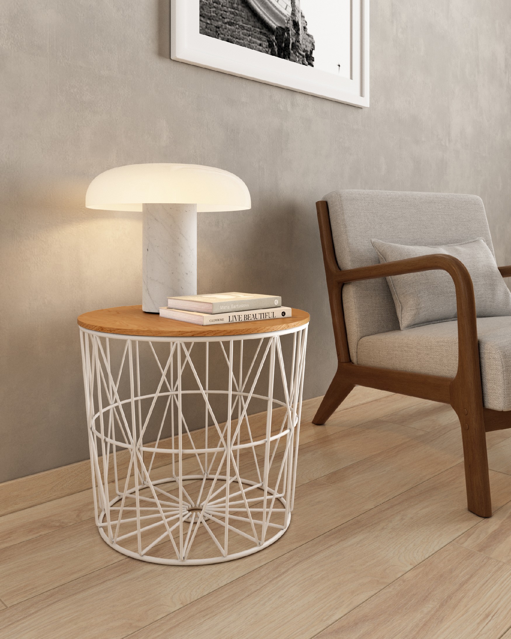Atlantic side table with natural oak top and white metal structure Ø 48 cm