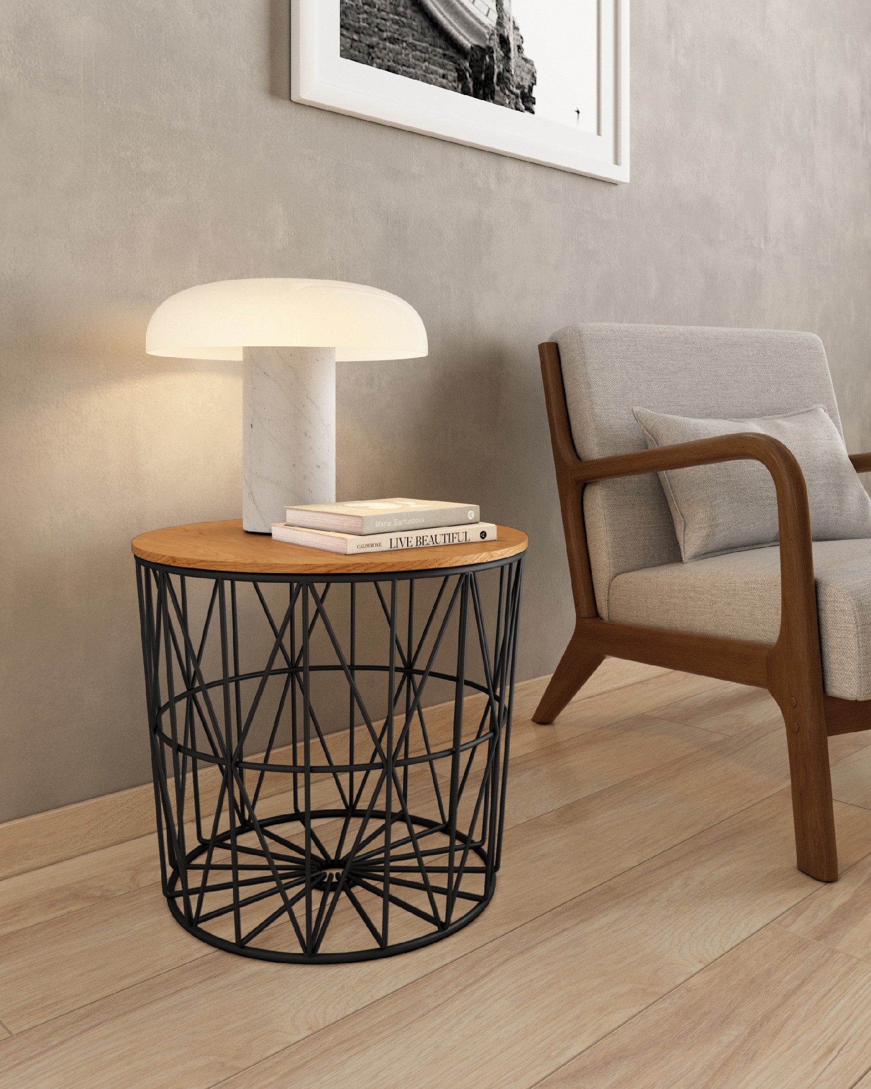 Atlantic side table with natural oak top and black metal structure Ø 48 cm