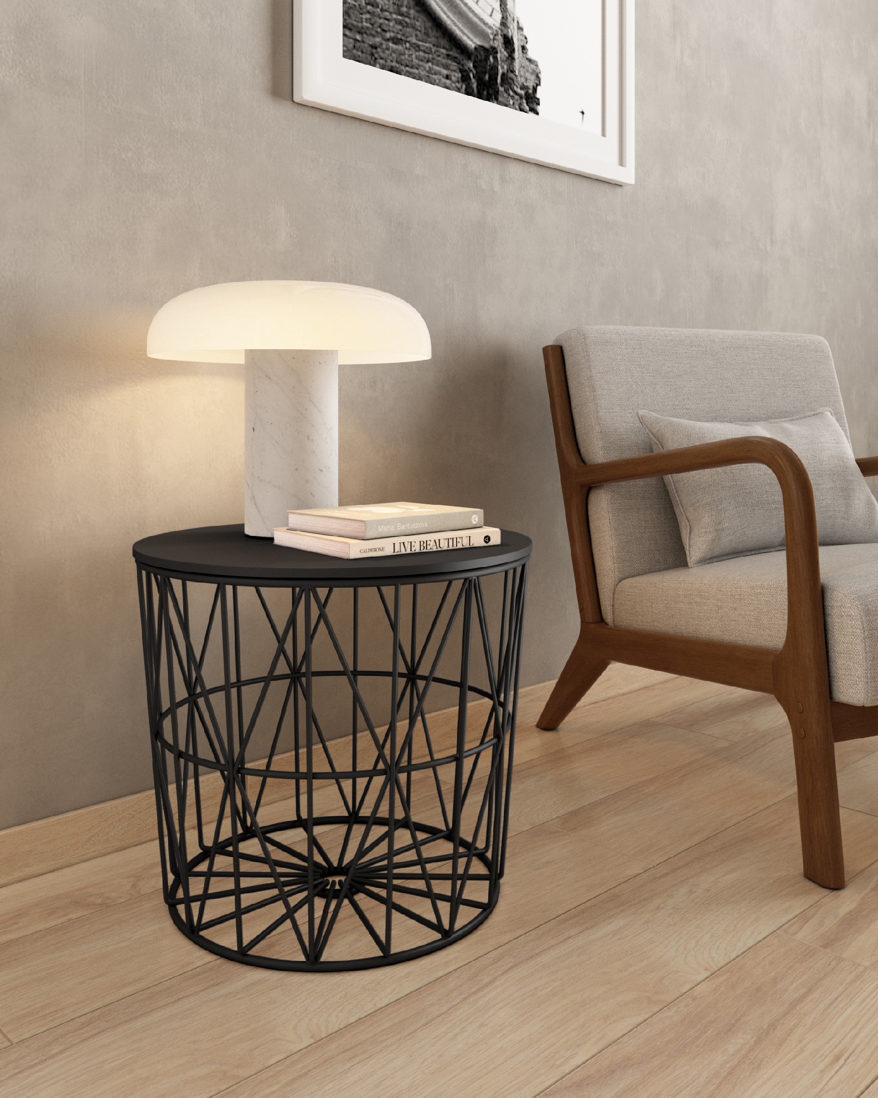 Atlantic side table with black oak top and black metal structure Ø 48 cm