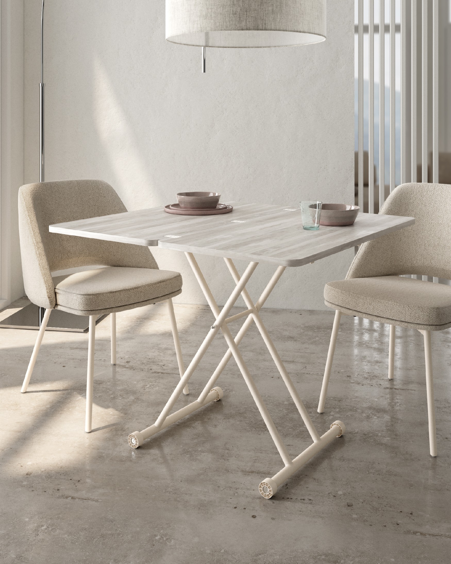 Liftable convertible table Atrio with artic melamine finish and ivory metal structure 48/96 x 90 cm