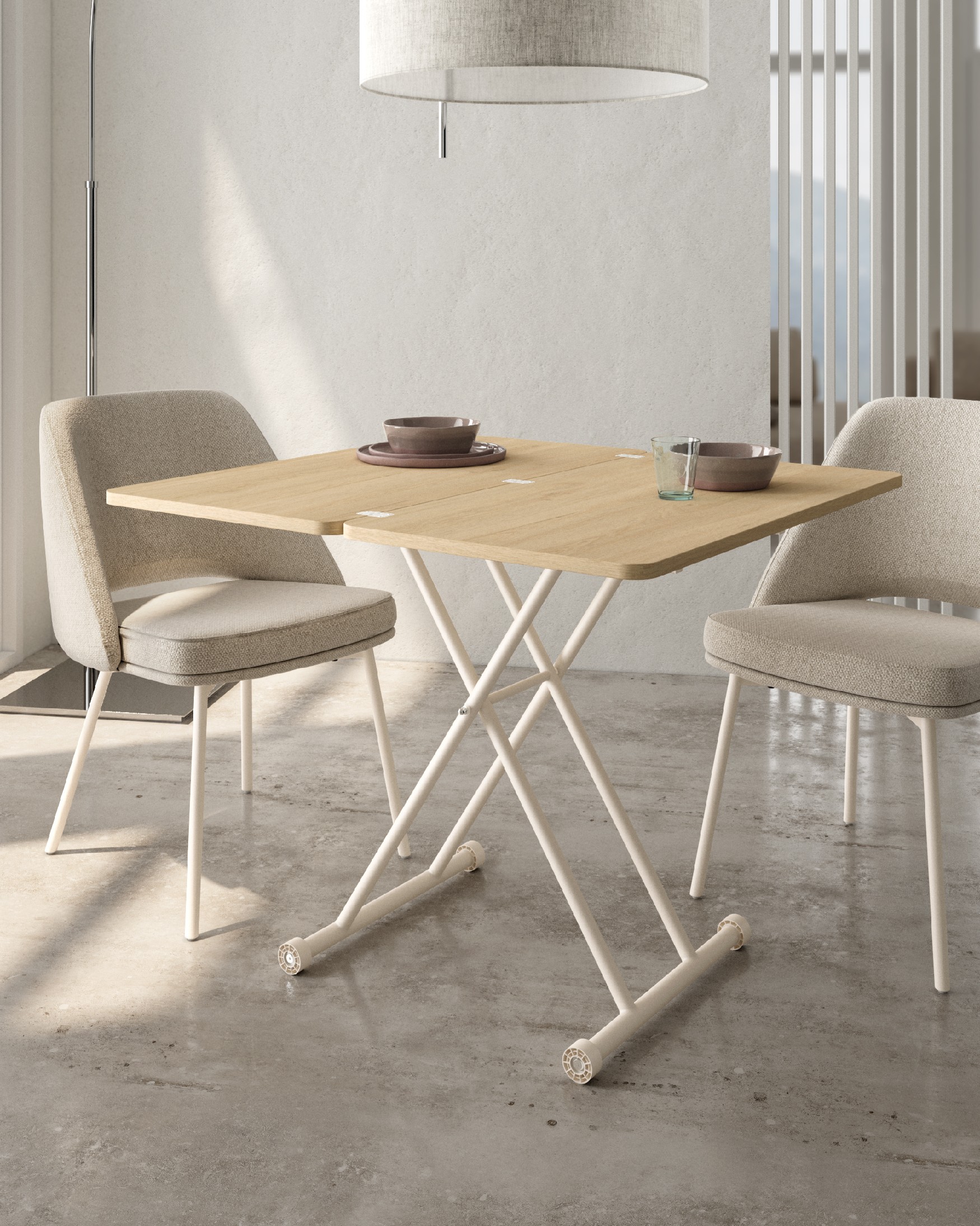 Table Atrio relevable convertible avec finition en mélamine chêne naturel et structure métallique ivoire 48/96 x 90 cm