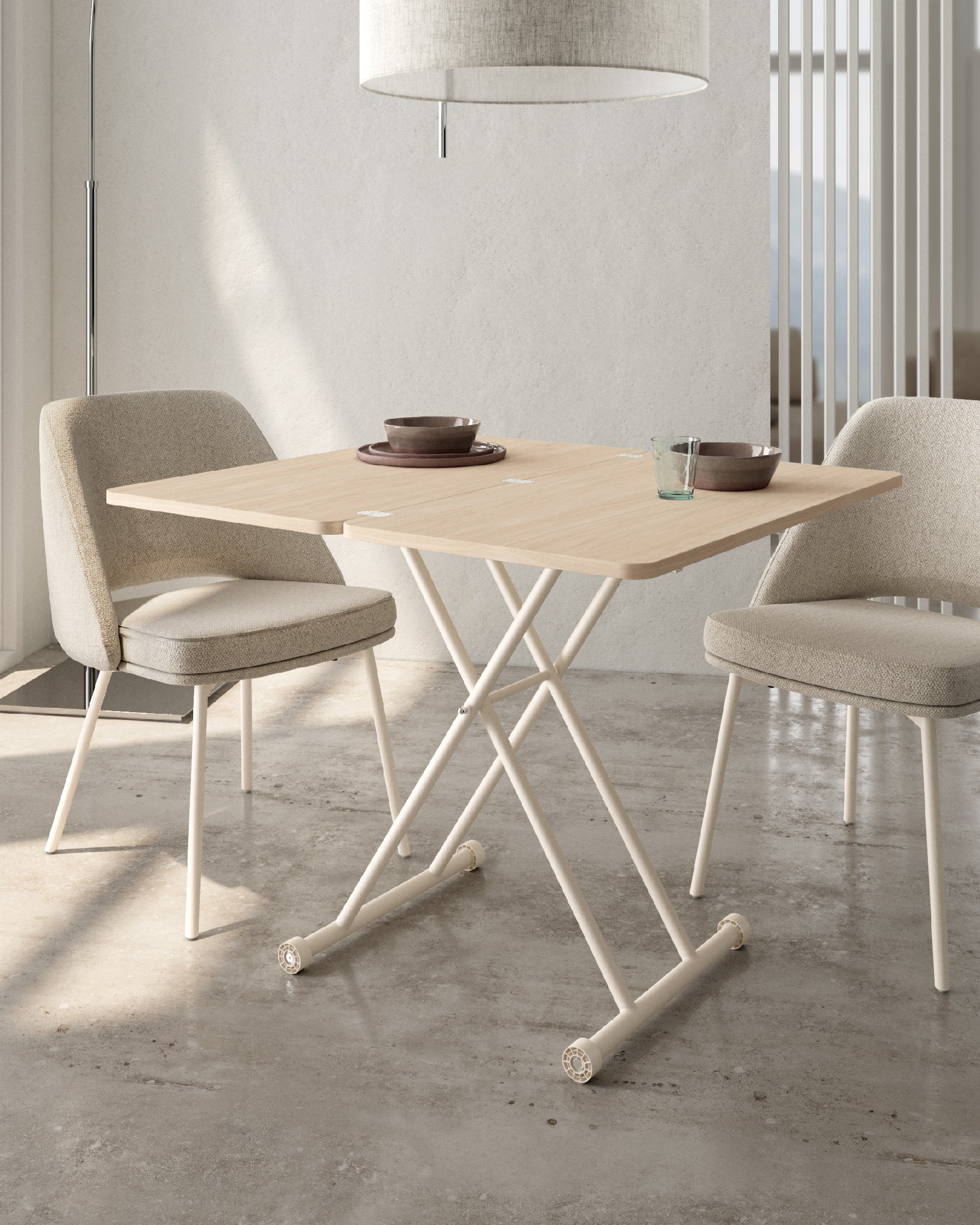 Table Atrio relevable convertible avec finition en mélamine alpin et structure métallique ivoire 48/96 x 90 cm