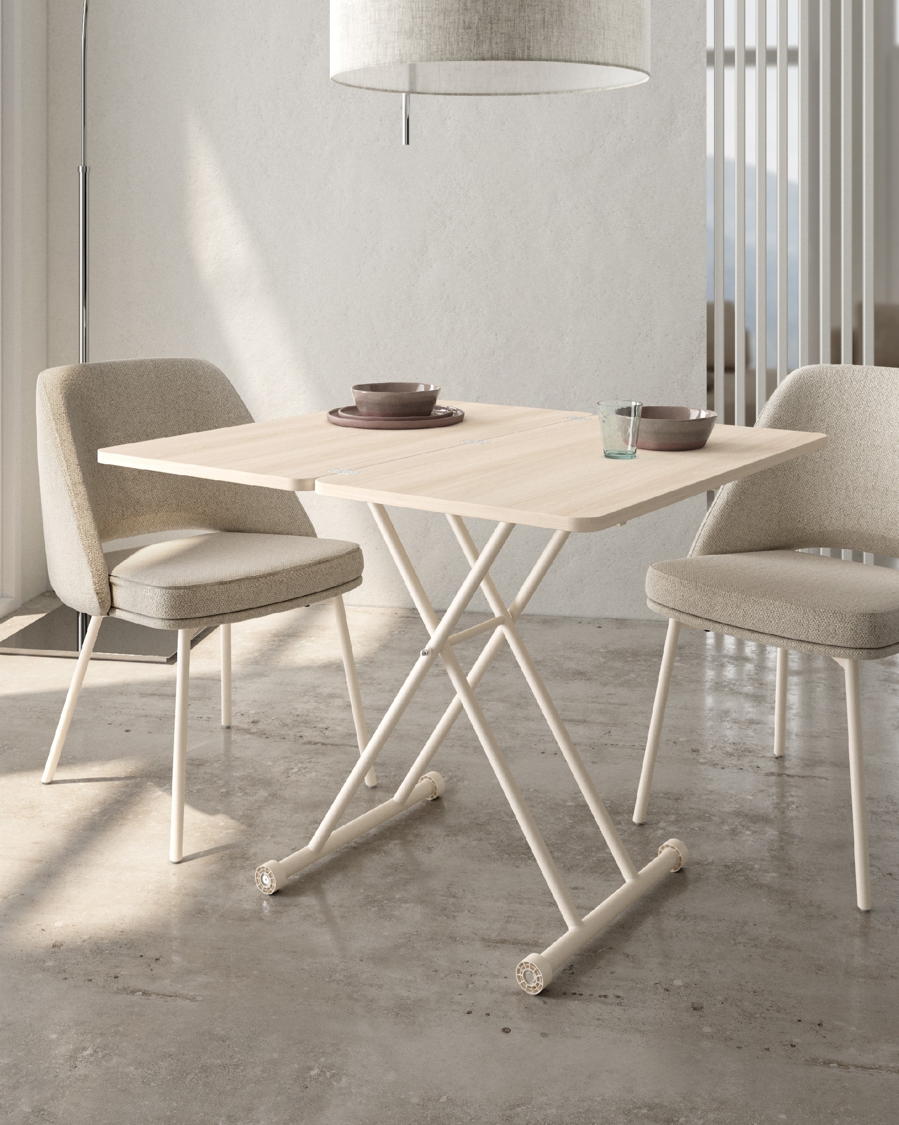 Mesa Atrio elevable convertible con acabado de melamina olmo y estructura metálica marfil 48/96 x 90 cm
