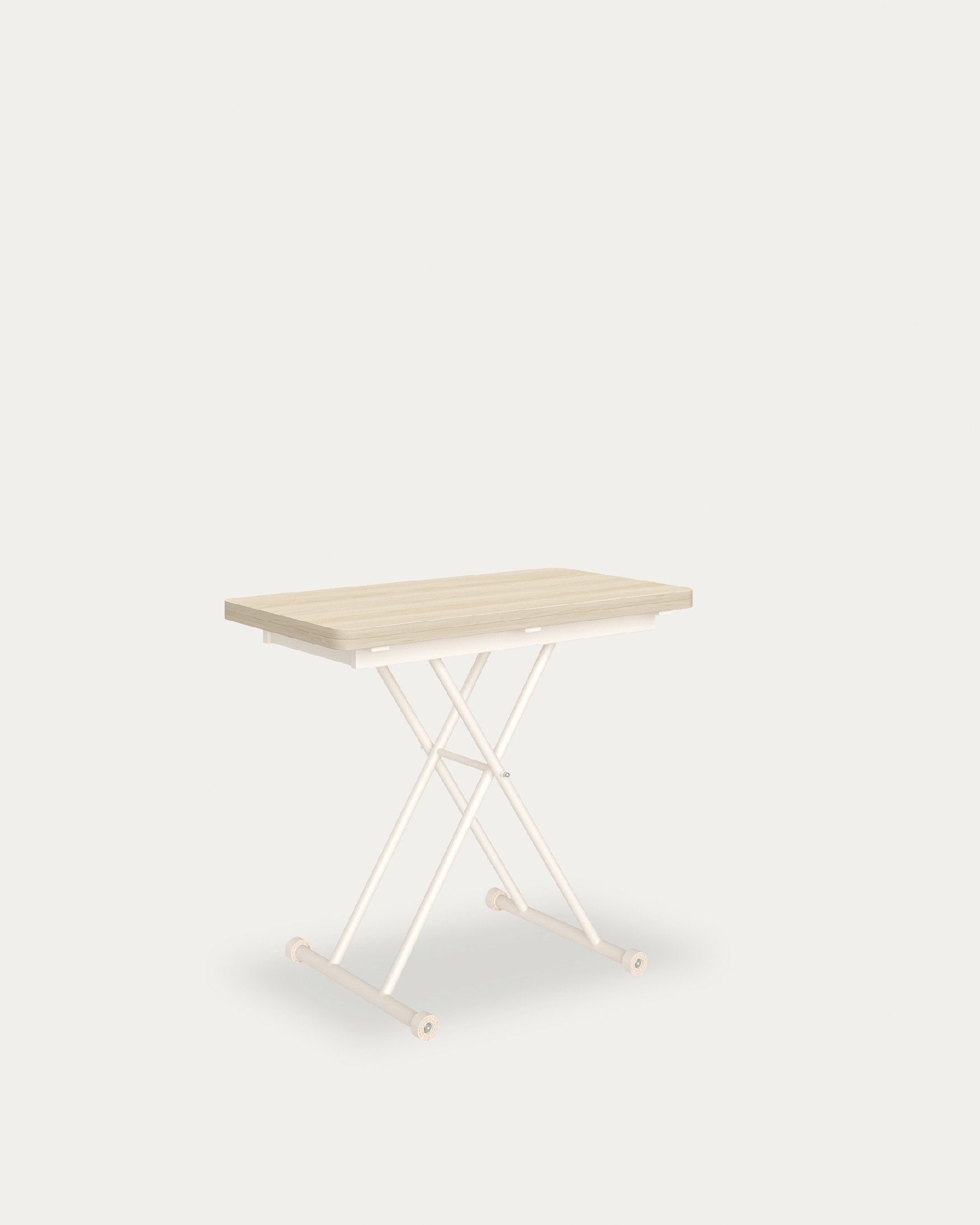 Mesa Atrio elevable convertible con acabado de melamina olmo y estructura metálica marfil 48/96 x 90 cm