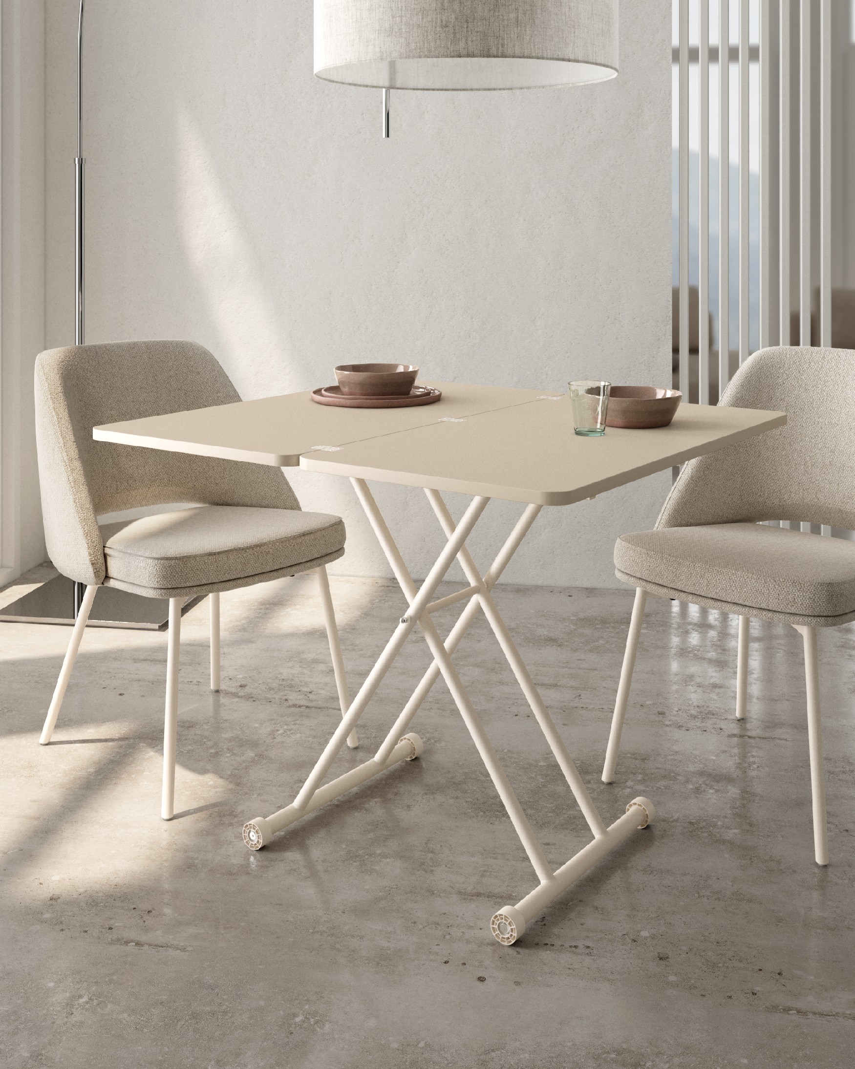 Liftable convertible table Atrio with pearl melamine finish and ivory metal structure 48/96 x 90 cm