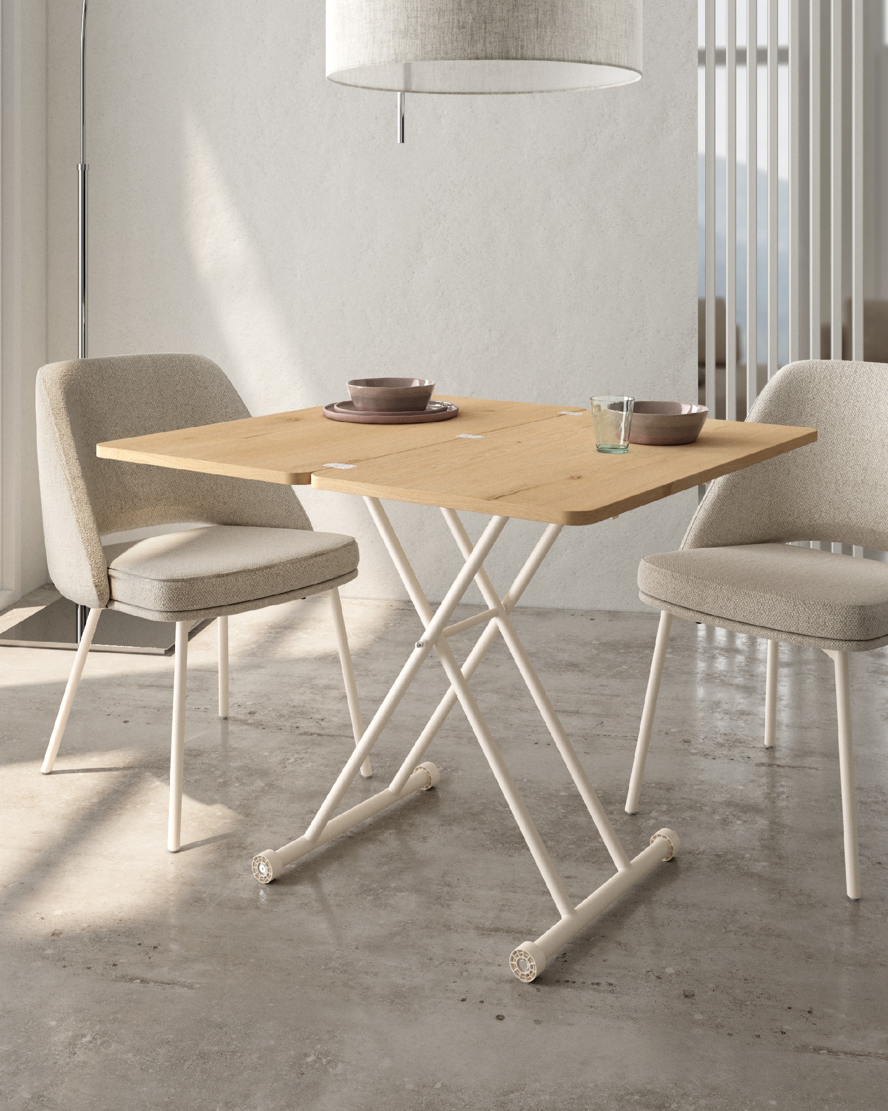 Table Atrio relevable convertible avec finition en mélamine chêne colonial et structure métallique ivoire 48/96 x 90 cm