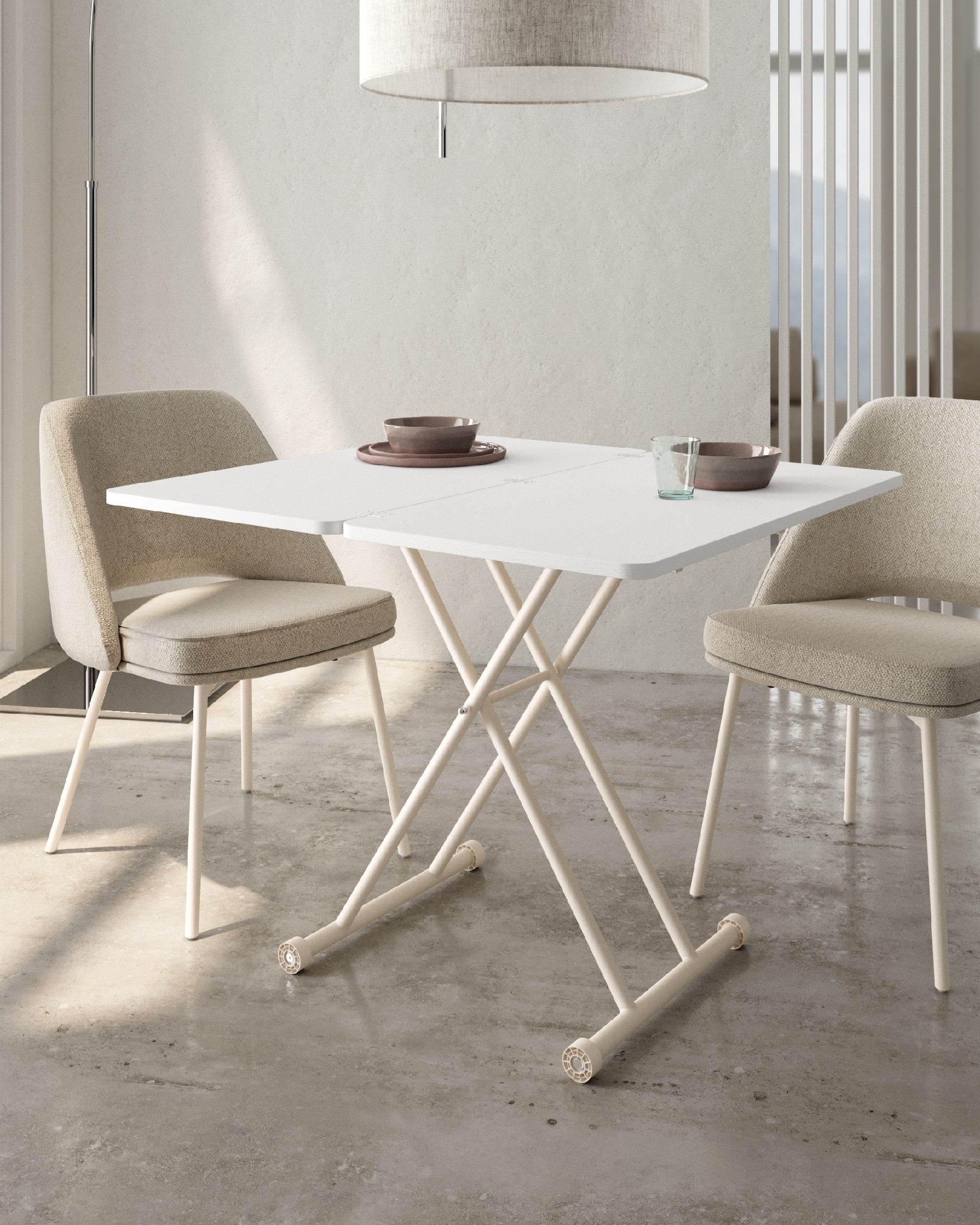 Mesa Atrio elevable convertible con acabado de melamina soul blanco y estructura metálica marfil 48/96 x 90 cm