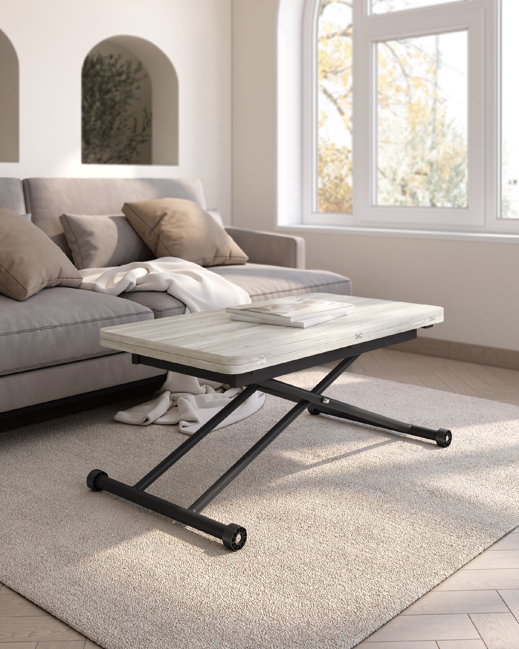 Table Atrio relevable convertible avec finition en mélamine artic et structure métallique noire 48/96 x 90 cm
