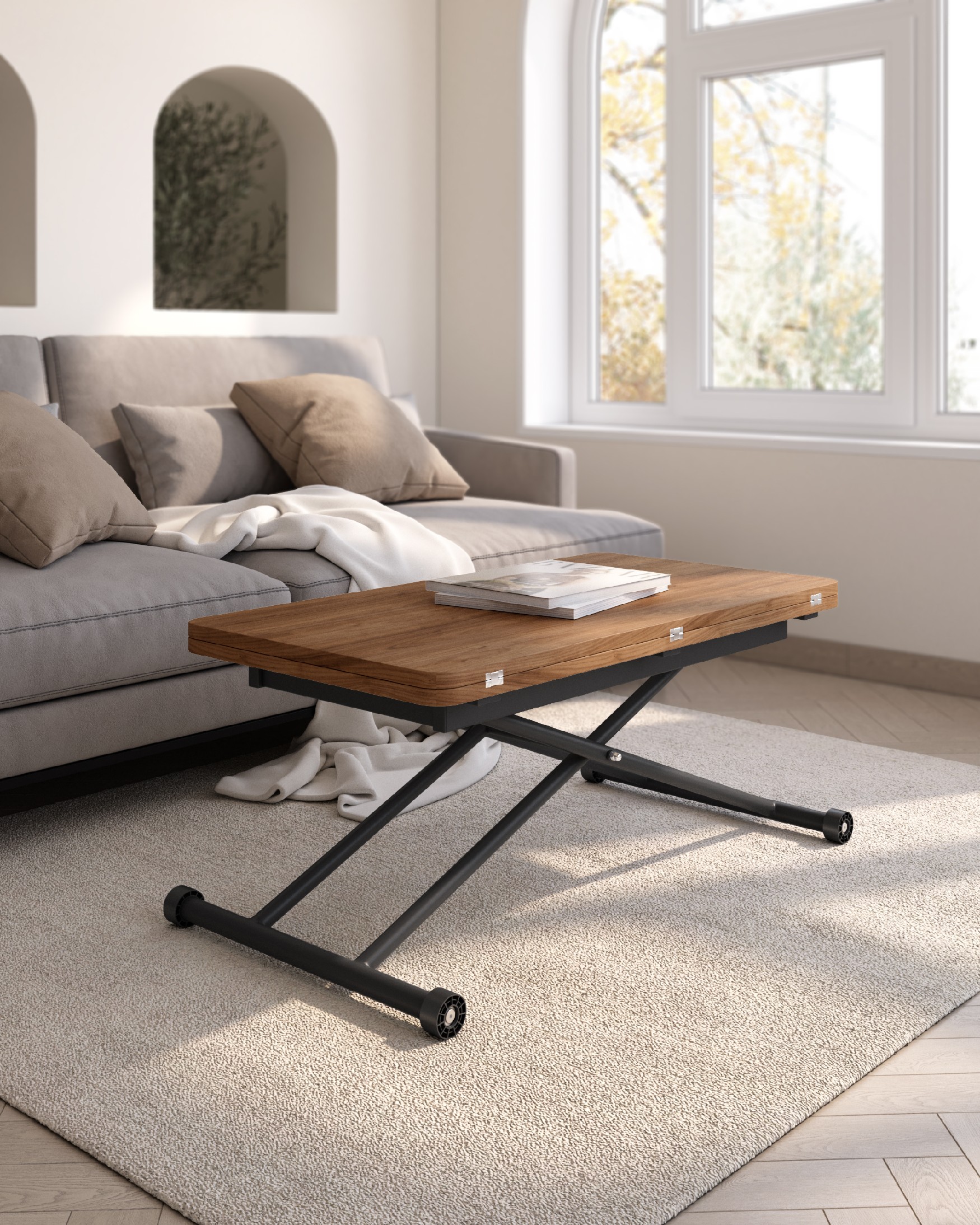 Table Atrio relevable convertible avec finition en mélamine java et structure métallique noire 48/96 x 90 cm