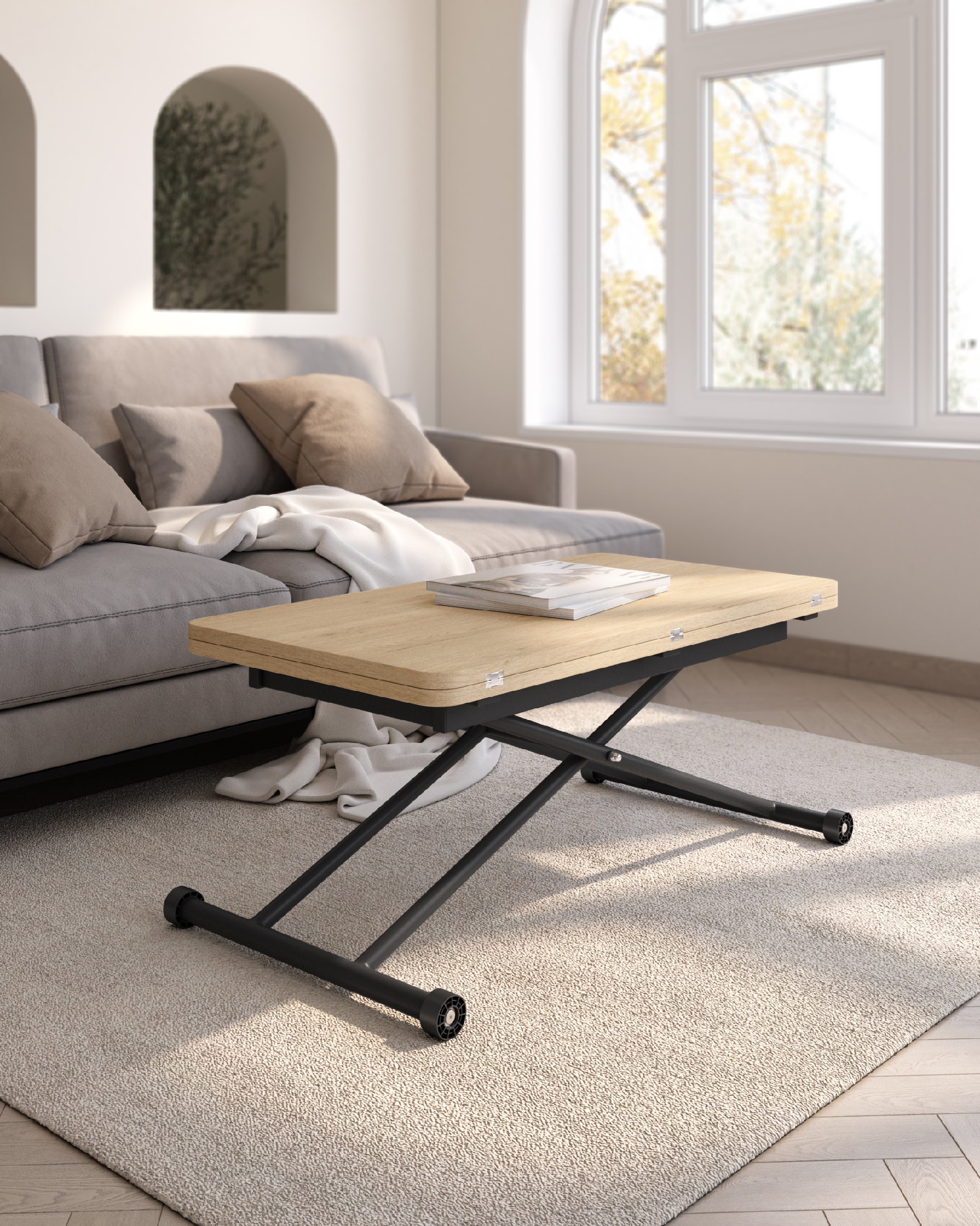 Table Atrio relevable convertible avec finition en mélamine chêne naturel et structure métallique noire 48/96 x 90 cm