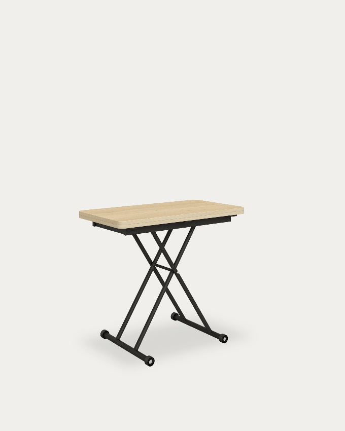 Table Atrio relevable convertible avec finition en mélamine chêne naturel et structure métallique noire 48/96 x 90 cm