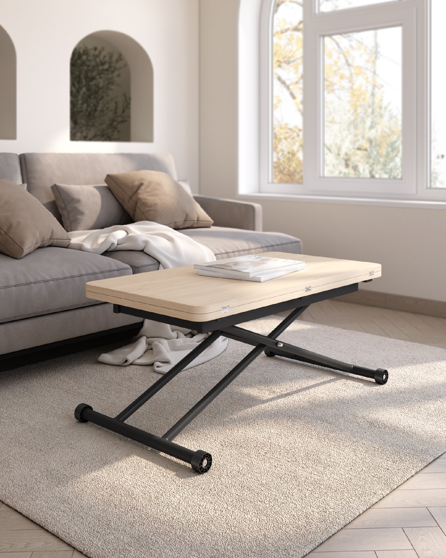 Liftable convertible table Atrio with alpin melamine finish and black metal structure 48/96 x 90 cm