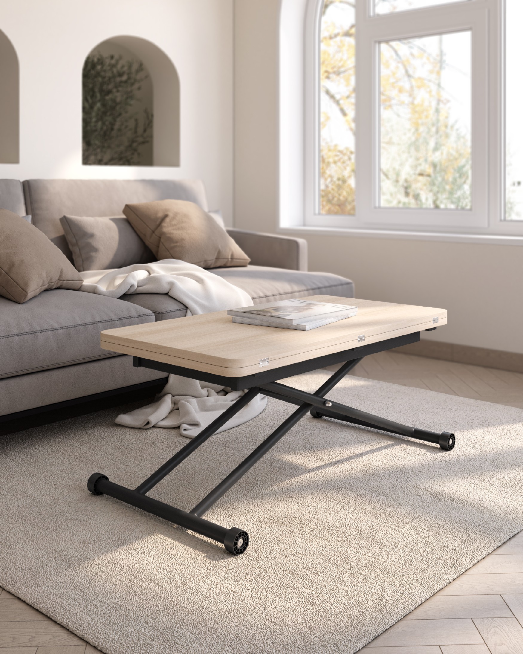 Table Atrio relevable convertible avec finition en mélamine orme et structure métallique noire 48/96 x 90 cm