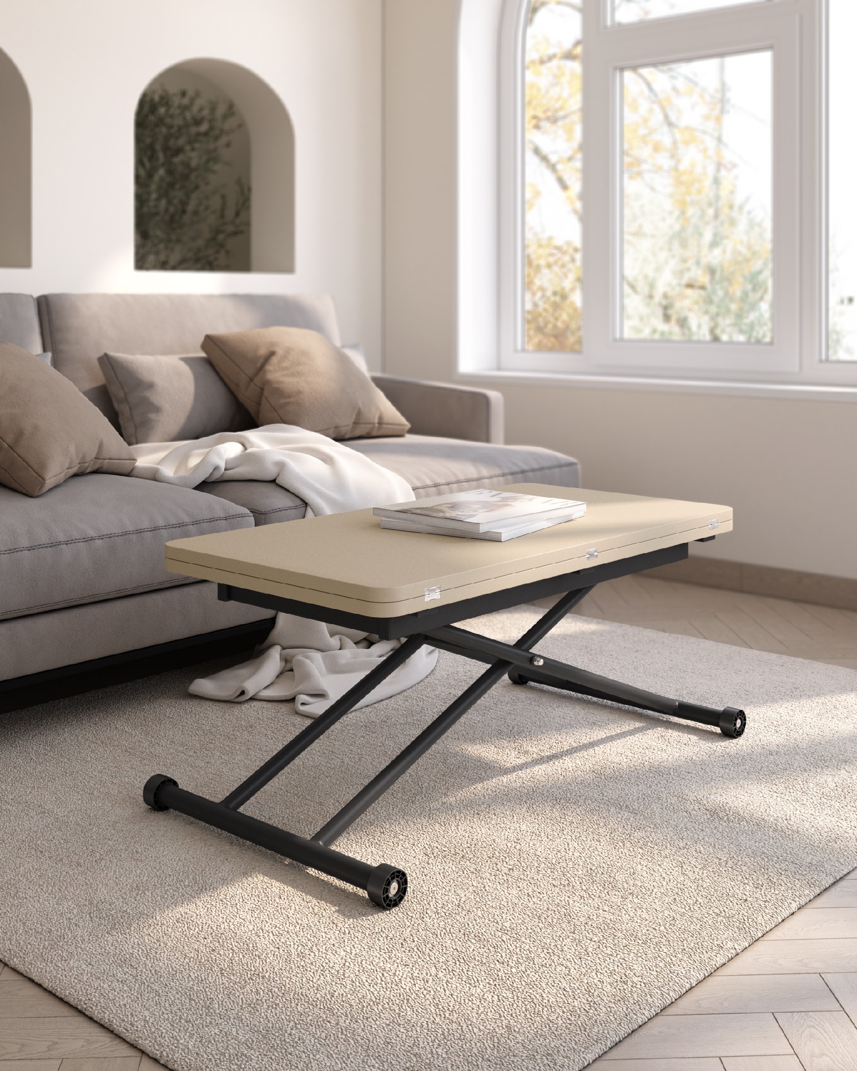 Liftable convertible table Atrio with pearl melamine finish and black metal structure 48/96 x 90 cm