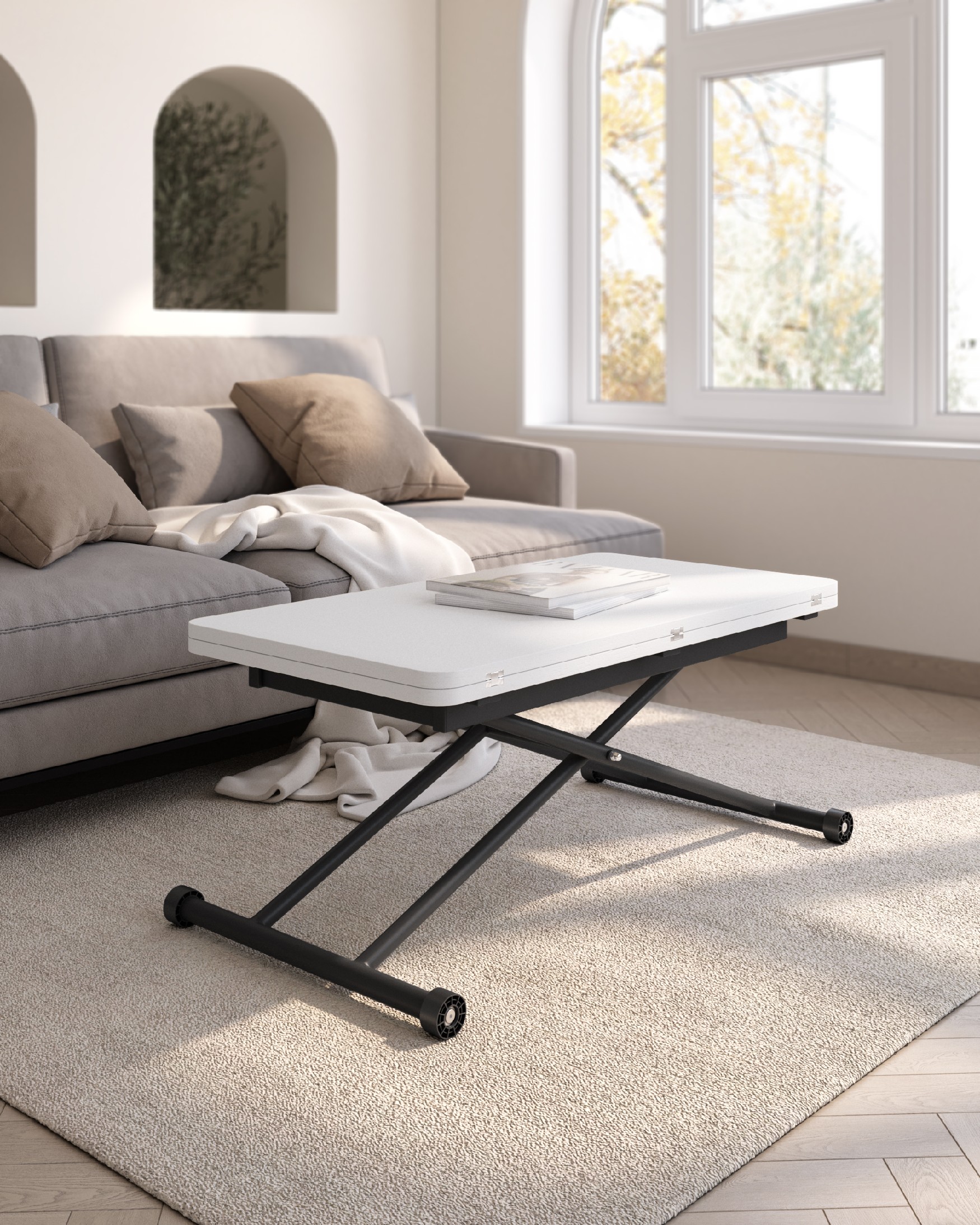 Atrio liftable convertible table with soul white melamine finish and black metal structure 48/96 x 90 cm
