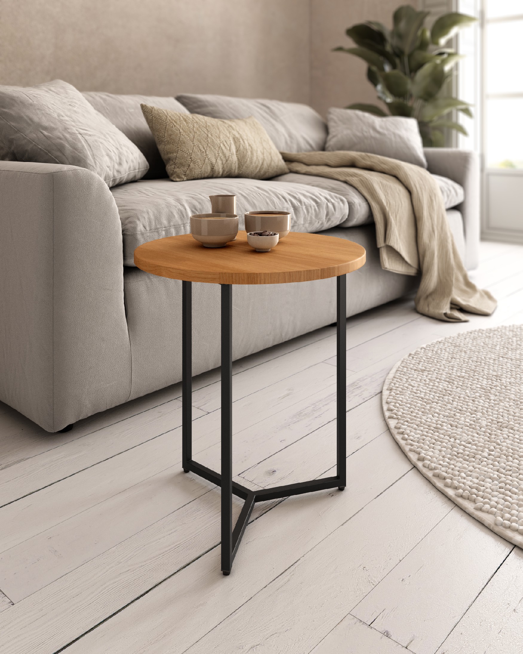 Table d'appoint Austral ronde avec plateau en chêne naturel et structure métallique noire Ø 45 cm