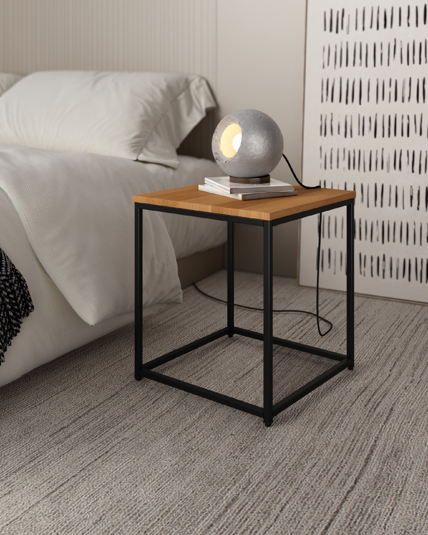 Square auxiliary table Austral with natural oak top and black metal structure 45 x 45 cm