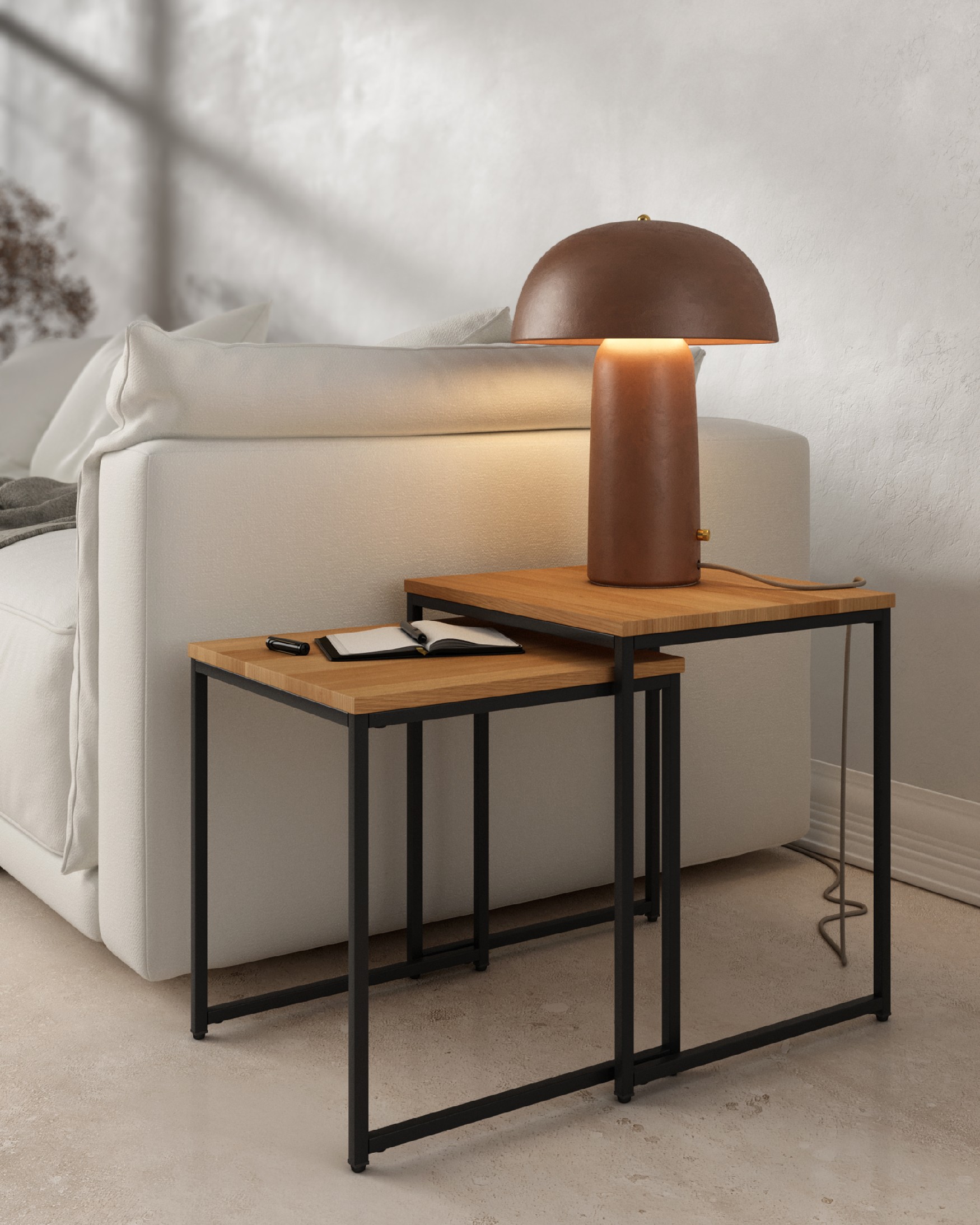 Set of 2 auxiliary tables Austral with natural oak top and black metal structure 45 x 40 cm / 40 x 40 cm
